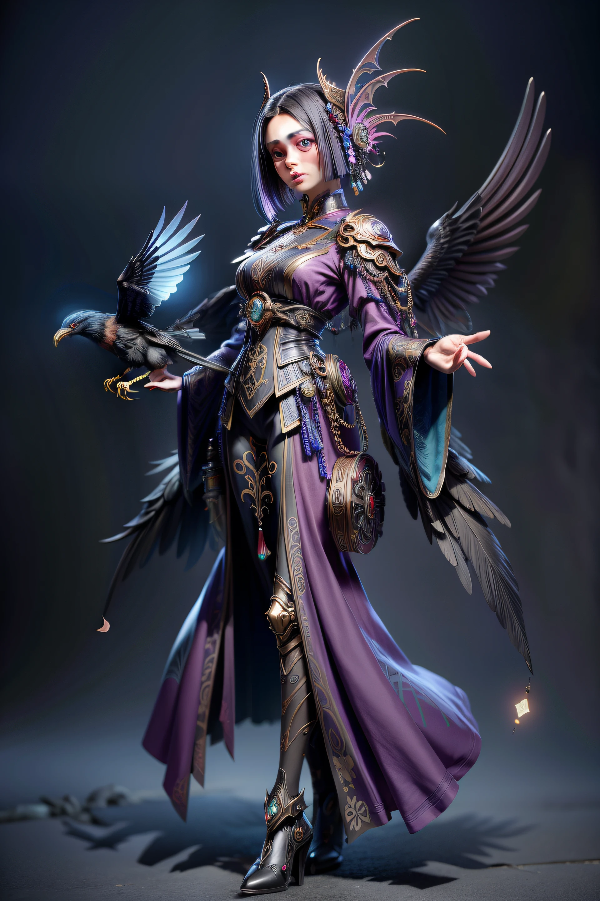 a colorful crow wearing a outsuit in gothic city by artgerm, h. r. giger and beksinski, highly detailed, vibrant, production cinematic character render, ultra high quality model, futuristicsteampunk machine, metal hands, little details, medieval style, RPG, 4k, hiperrealista. round metal body, long arms, strong, strong hands, medieval landscape, an extremely quirky, surreal, delightful image showing a heavily armed., sf, intricate artwork masterpiece, ominous, matte painting movie poster, golden ratio, trending on cgsociety, intricate, epic, trending on artstation, by artgerm, h. r. giger and beksinski, highly detailed, vibrant, production cinematic character render, ultra high quality model
