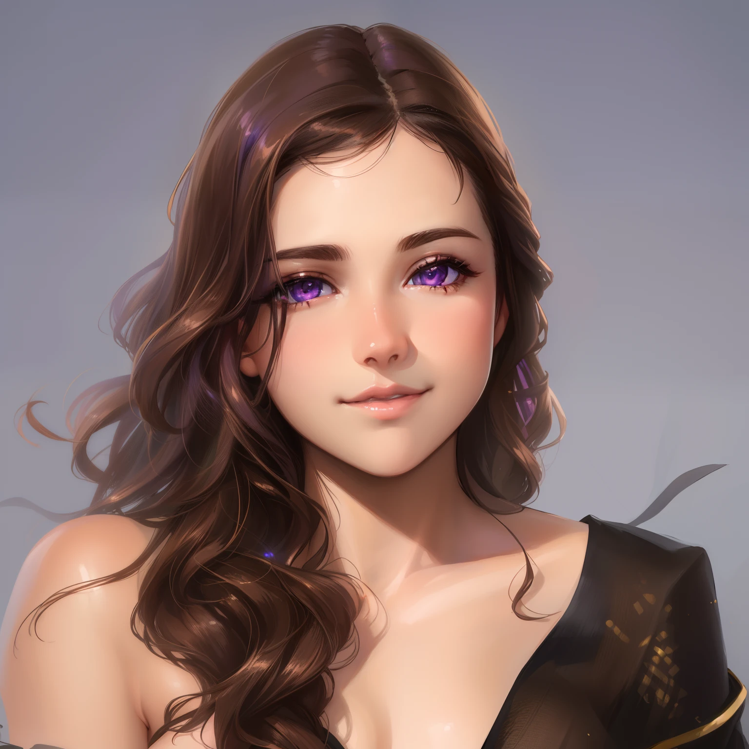 best quality, photorealistic, 8k, high res, 1girl, (professional lighting, bokeh), (long brown hair), (purple eyes), wavy hair, (portrait), gorgeous, bloom, (floating hair),