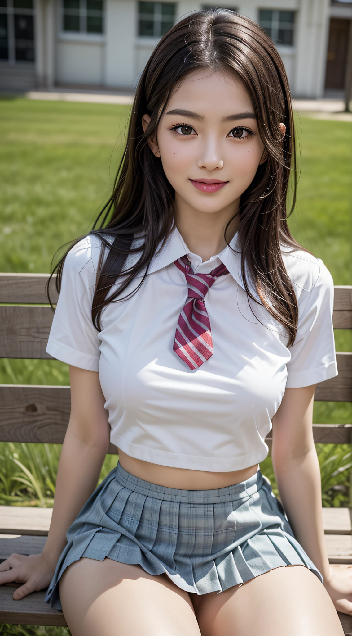 1girl, extremely cute face, (highly detailed eyes, highly detailed face), (hyper-realistic, hight resolution), (best Quality:1.4), Raw photo, (Realistic, Photorealsitic:1.37), Professional Photography, Cinematic Light, (lace bra:1.25), (amazing breasts:0.8), (school uniform, pleated mini skirt:1.5), (school uniform with open breasts), Smile slightly, Sitting, spread your legs wide open, Staring at me, outdoor, meadow, lawn, bench, dazzling lighting,