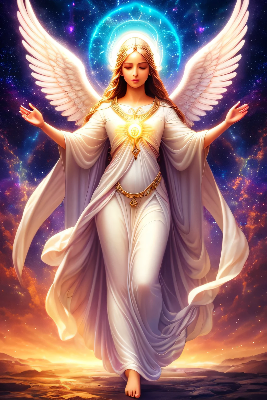 "(best quality,highres),angelic figure,standing,celestial scenery,luminous arms,divine energy,ethereal beauty,serene expression,holy presence,harmonious composition,soft glowing light,heavenly aura,vibrant colors,transcendent atmosphere"