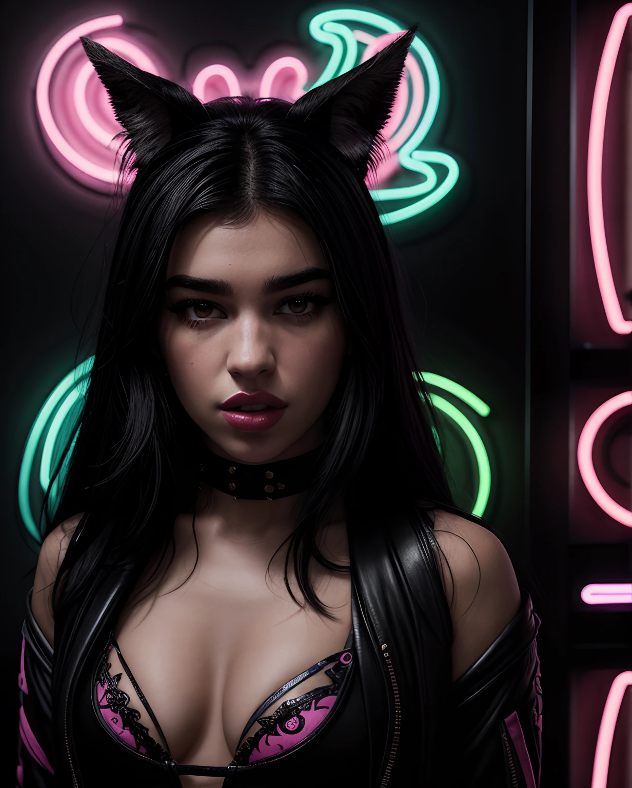 there is a woman, Dua Lipa, posing in front of a poster with a monkey on it, frank kozik, with neon lights, angry high moral sexy werewolf, by Ignacio Zuloaga, burlesque psychobilly, sexy look, bold rave outfit, neon noir, maniac look, inspired by Tadanori Yokoo, alex yanes, by Matteo Pérez