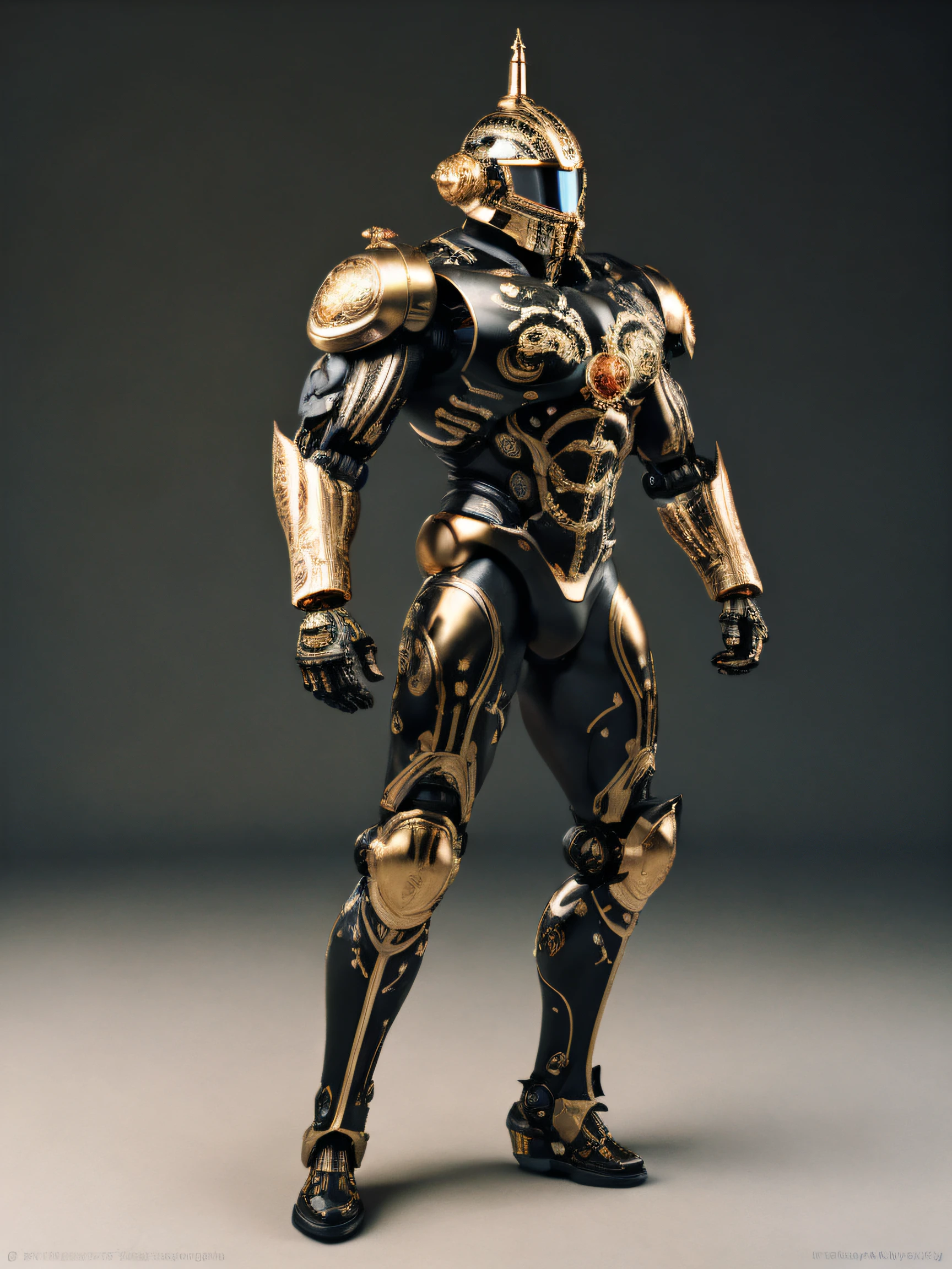 (EbonyGoldAI:1.25), (Scifi:1.25), (a man). Closed helmet. One-piece helmet, Expressive and highly detailed male face, heroic, Detailed realistic open eyes, (Bodybuilder body: 1.5), narrow waist. Detailed, intricate. (robotic arms and legs), (Topless man) (exposed chest), Boots, armbands, shoulder protectors. Realistic, Photorealistic, high contrast, high saturation, Highly detailed, high quality, Masterpiece, volumetric light, vibrant colors, Bokeh, Depth of field. Black and Gold body.