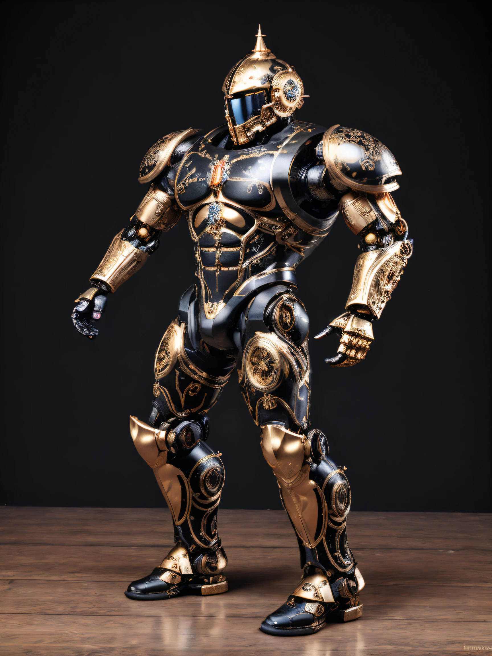 (EbonyGoldAI:1.25), (Scifi:1.25), (a man). Closed helmet. One-piece helmet, Expressive and highly detailed male face, heroic, Detailed realistic open eyes, (Bodybuilder body: 1.5), narrow waist. Detailed, intricate. (robotic arms and legs), (Topless man) (exposed chest), Boots, armbands, shoulder protectors. Realistic, Photorealistic, high contrast, high saturation, Highly detailed, high quality, Masterpiece, volumetric light, vibrant colors, Bokeh, Depth of field. Black and Gold body.