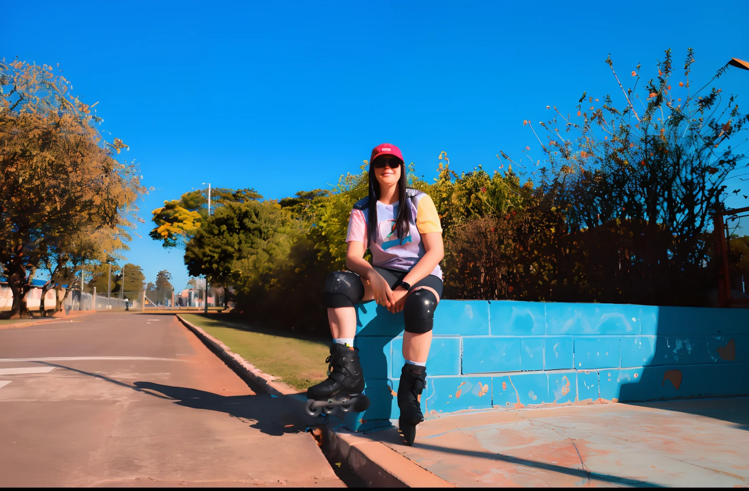 mulher sentada em uma parede com um skate, patins, patinadores, patins;, by Amelia Peláez, em uma pista de skate, Retrato no meio da foto, 3 Lomografia de 5 mm, Tiro em GoPro9, imagem de perfil, patinadores, estilo skatista, foto de perfil, Retrato tirado 8 K, Fotografia de uma mulher techwear