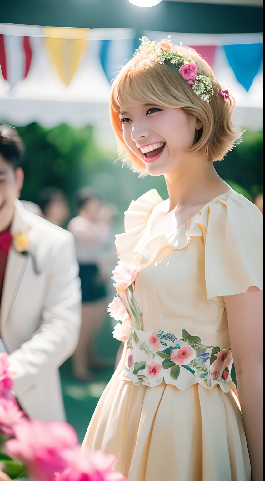 ((top-quality))、 ((​masterpiece))、Matchmaking Photos、florals、Product Sample Costumes、Stand in front of the photo 、Eye Up、Opens mouth and laughs、a short bob、a blond、Flowers in the foreground、Strong bokeh、bustup、sit a chair、bio luminescent、radiant light