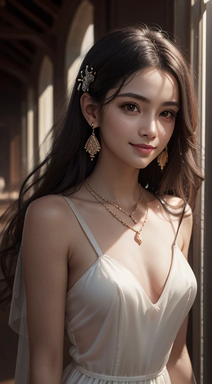 jewelry, solo, earrings, necklace, brunette hair, smile, single bun, (formal:1.6), reality, bun, bracelet, grin, ulzzang-6500v1.1, (original: 1.2), (reality: 1.3) , beautiful girl with beautiful details, extremely detailed eyes and face, eyes with beautiful details, ridiculous, incredibly ridiculous, huge file size, ultra detail, high resolution, super detailed, best quality, masterpiece, Illustrations, super detailed and beautiful, super detailed, CG, unity, 8k wallpaper, amazing, fine details, masterpiece, top quality, extremely detailed CG Unity 8k wallpaper, cinematic lights, (perfect shiny skin: 0.6), slender and smooth lines, (floating), (small breasts: 1), earrings, panorama, with two sides facing each other, golden wings