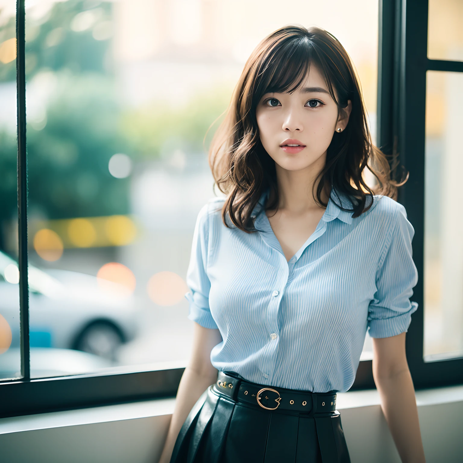 top-quality, A high resolution, (Photorealsitic:1.4), Raw photography, (upper waist:1.4), (bokeh feeling:1.7), (Window light only:1.6), (nightcity:1.5), (light:1.5)1 Japan Girl, (solo), (A smile:1.2, Opening Mouth:0.7), (dark brown eyes), Natural Skin, (brown updo hair, Bangs), is standing(Blue blouse and leather skirt), (Colossal tits), Curly hair, Floating hair, Natural Skin Texture, Hyper-Realism, nffsw, Hyper-detailing, Raw photography, Photorealsitic, Beautiful eyes, Pretty lips, Wet lips, top-quality, hight resolution, realisitic, in 8K, Caustics, Dinamic Light, Beautiful and delicate lips, Delicate fingers, Detailed pupils, Real Human Skin, overexposed grainy street style polaroid of a woman --style raw-6hXZzg90EHiciCNr7WR1