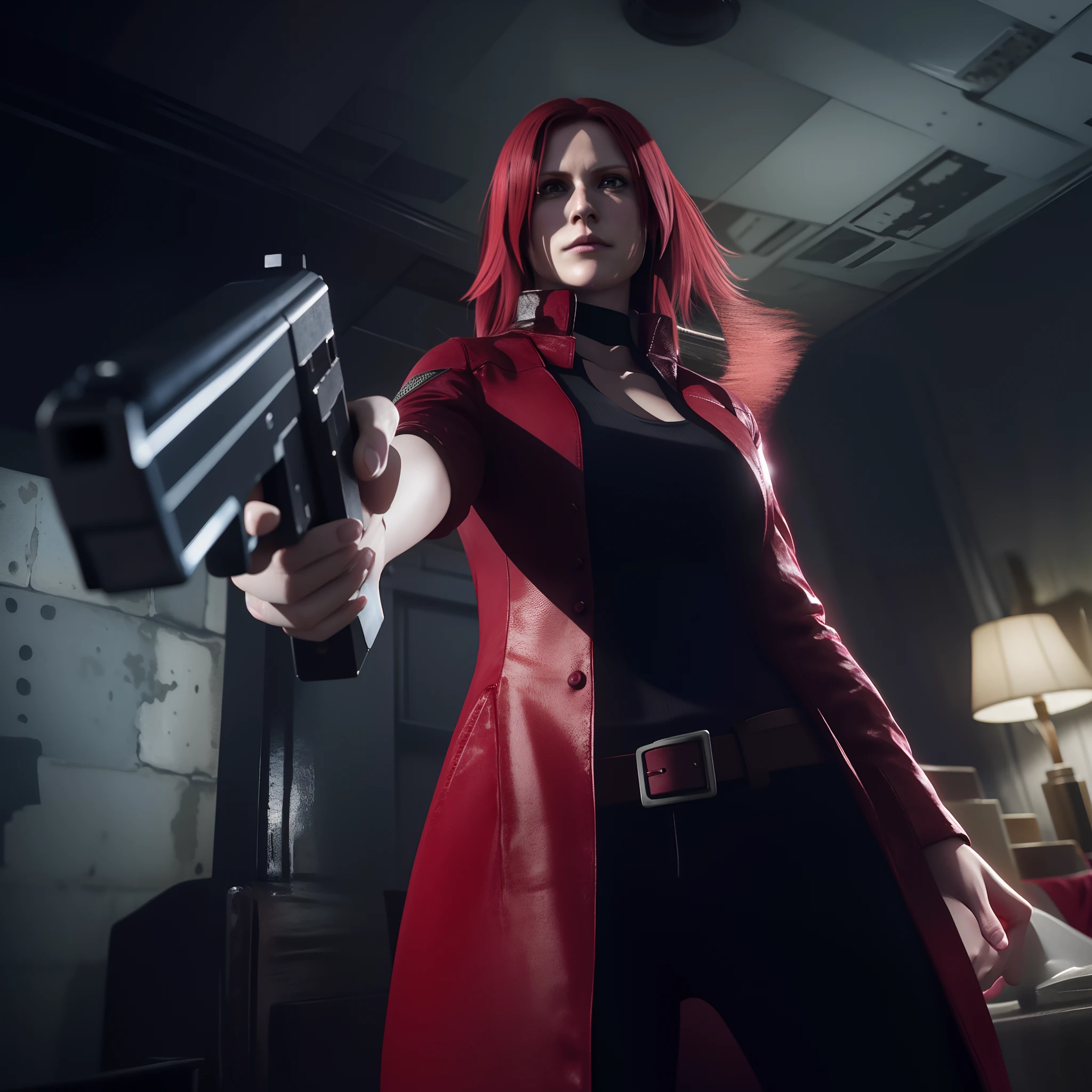 4K, HD, ((Claire Redfield 40 years old)), beautiful face, looking at viewer, very long red hair, perfect Face, black jeans, red long coat with black t-shirt, red nail polish, friendly face, Glare, holding a gun