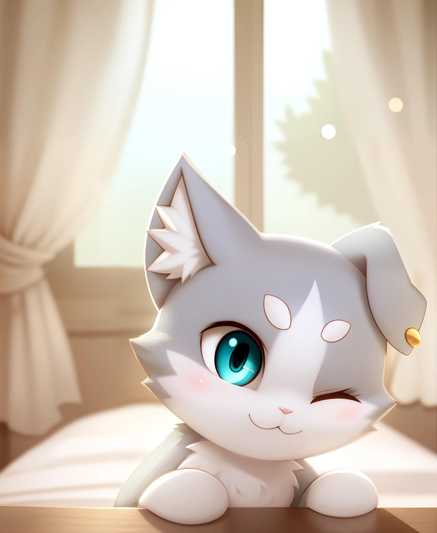 depth of field, perfect lighting, light particles,(best quality),(masterpiece),(ultra detailed),sharp focus, puck, :3, aqua_eyes, blue_eyes, cat, smile, solo, tail, pov, close-up, upper body, windows, curtains, bedroom, all fours, one eye closed,