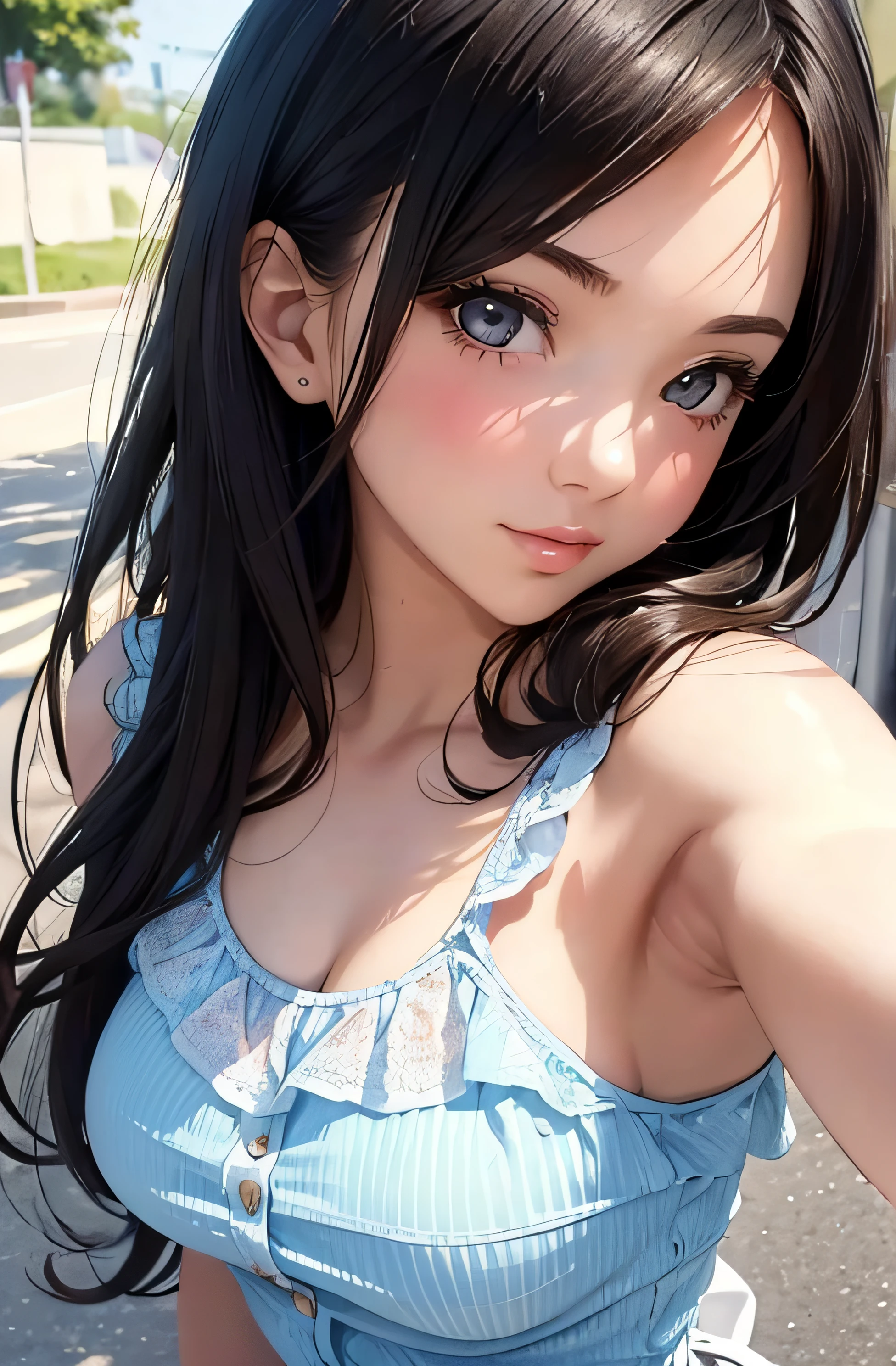 girl in summer clothes, top shot,((selfie)), random background, kiss, beautiful, medium breasts, flirtatious look, ((very detailed)), (perfectly detailed face), (well detailed hand), photorealistic image.