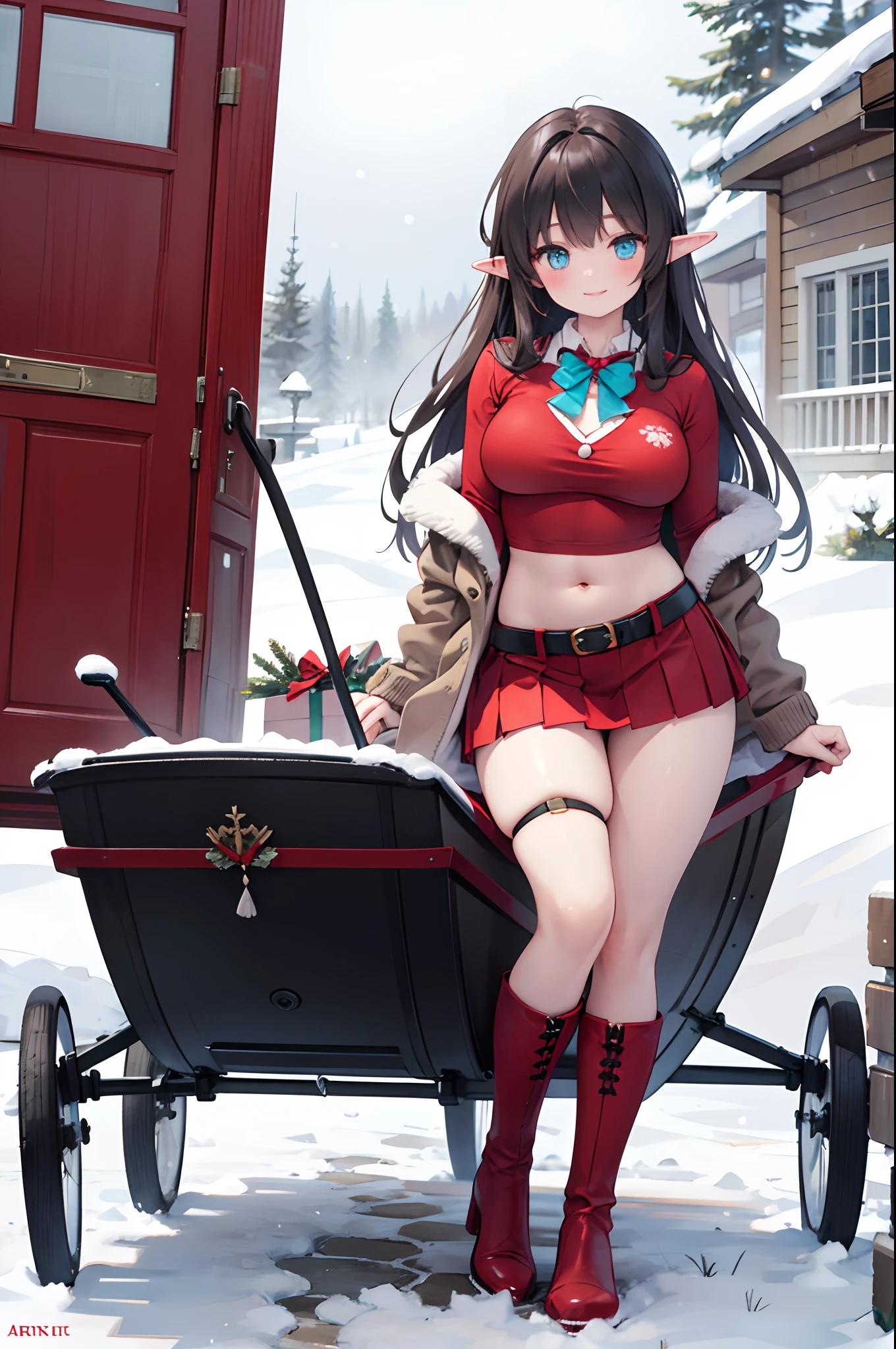 Realistic and detailed image of an elf. She is wearing a Cardigan coat and a red Christmas t-shirt. Christmas pleated mini skirt. Christmas thigh-high boots. Long silky black hair and long eyelashes. Turquoise eyes. Red bow tie. Large breasts, slim waist, very wide hips and thick thighs. Smiling. Arched back. Sensually posing on a sled. Snowy day. North Pole. Front view. Volumetric light. Ambient light.