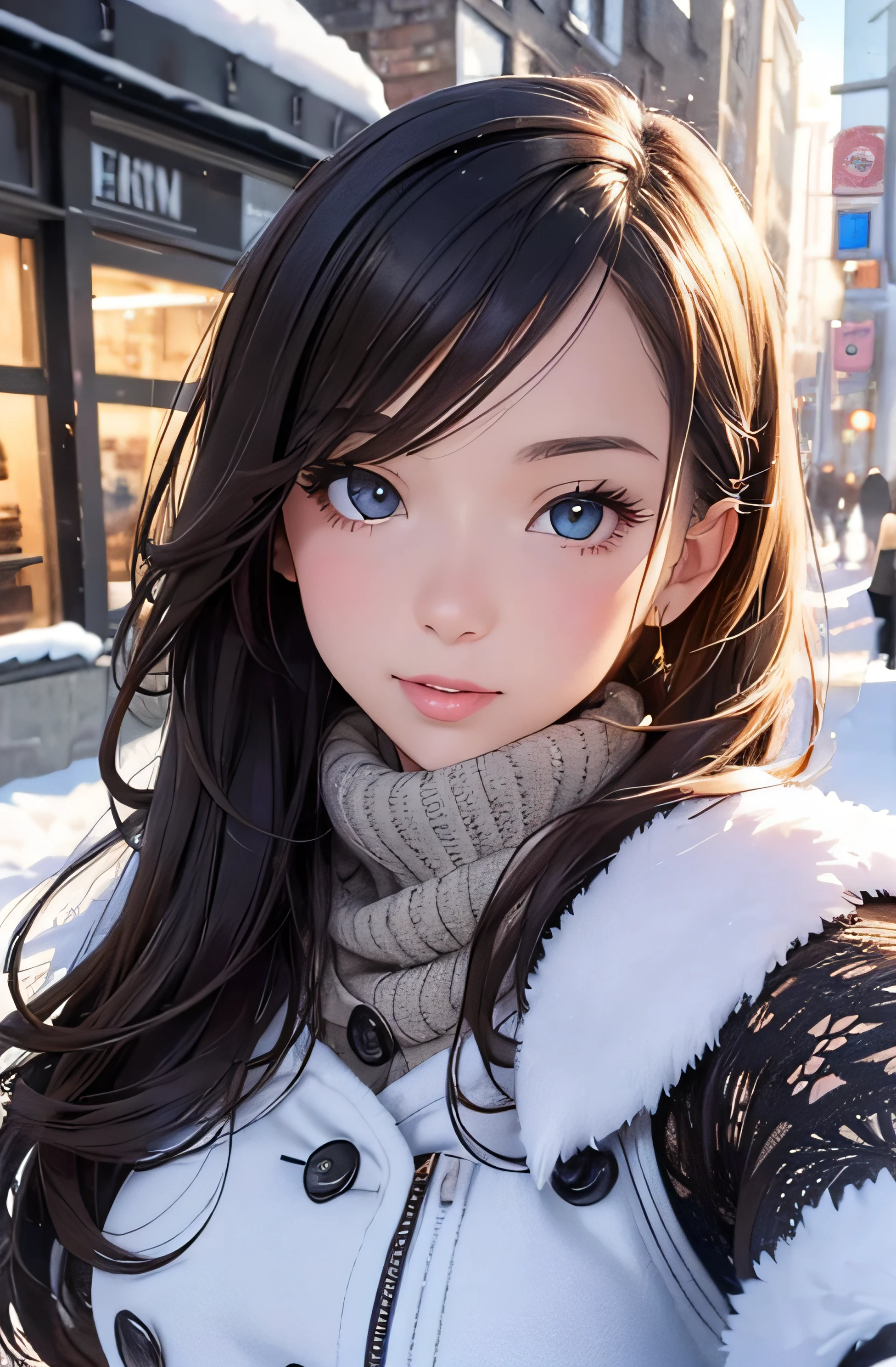girl in winter clothes, top shot,((selfie)), random background, kiss, beautiful, medium breasts, flirtatious look, ((very detailed)), (perfectly detailed face), (well detailed hand), photorealistic image.
