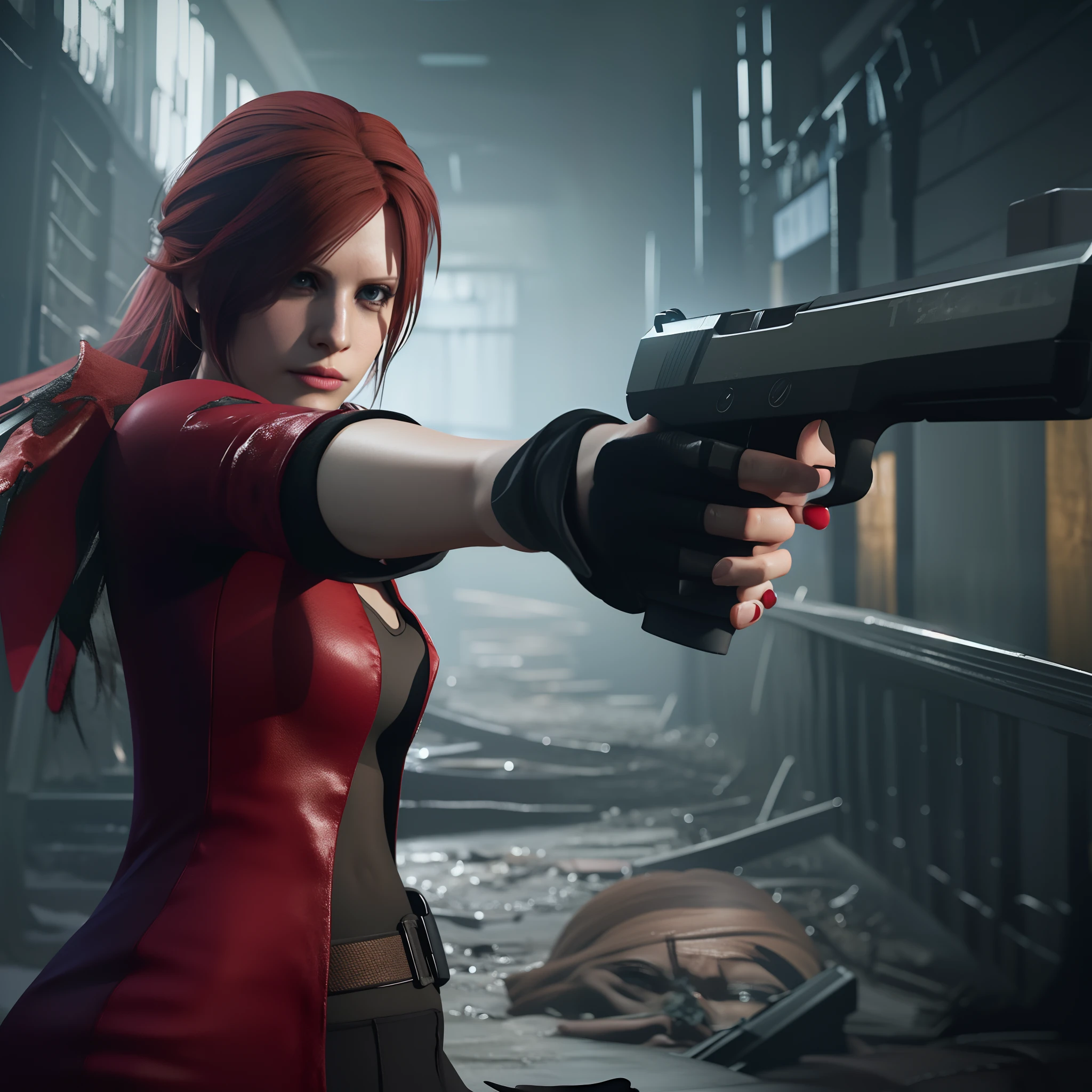 4K, HD, ((Claire Redfield 40 years old)), beautiful face, looking at viewer, very long red hair, perfect Face, black jeans, red long coat with black t-shirt, red nail polish, friendly face, Glare, holding a gun