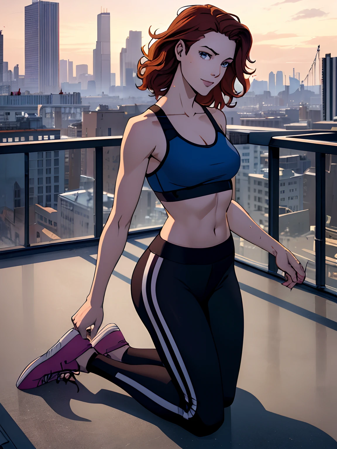 (masterpiece, top quality, best quality, official art, beautiful and aesthetic:1.2), (1girl:1.3), (gorgeous face), age19, irish  redhead, wavy ginger hair, shoulder length ginger hair, light grey eyes, some small freckles, pale skin, A-cup, small breasts, runners body, (full body:0.6), detailed background, close up, (airy modern theme:1.1), arched back, kneeling, smile, standing on roof top, sports bra, leggings, wet, workout gear, city skyline, well-lit, slim waist, slim hips, long legs, modern, background, dark mysterious lighting, shadows, magical atmosphere, high angle,