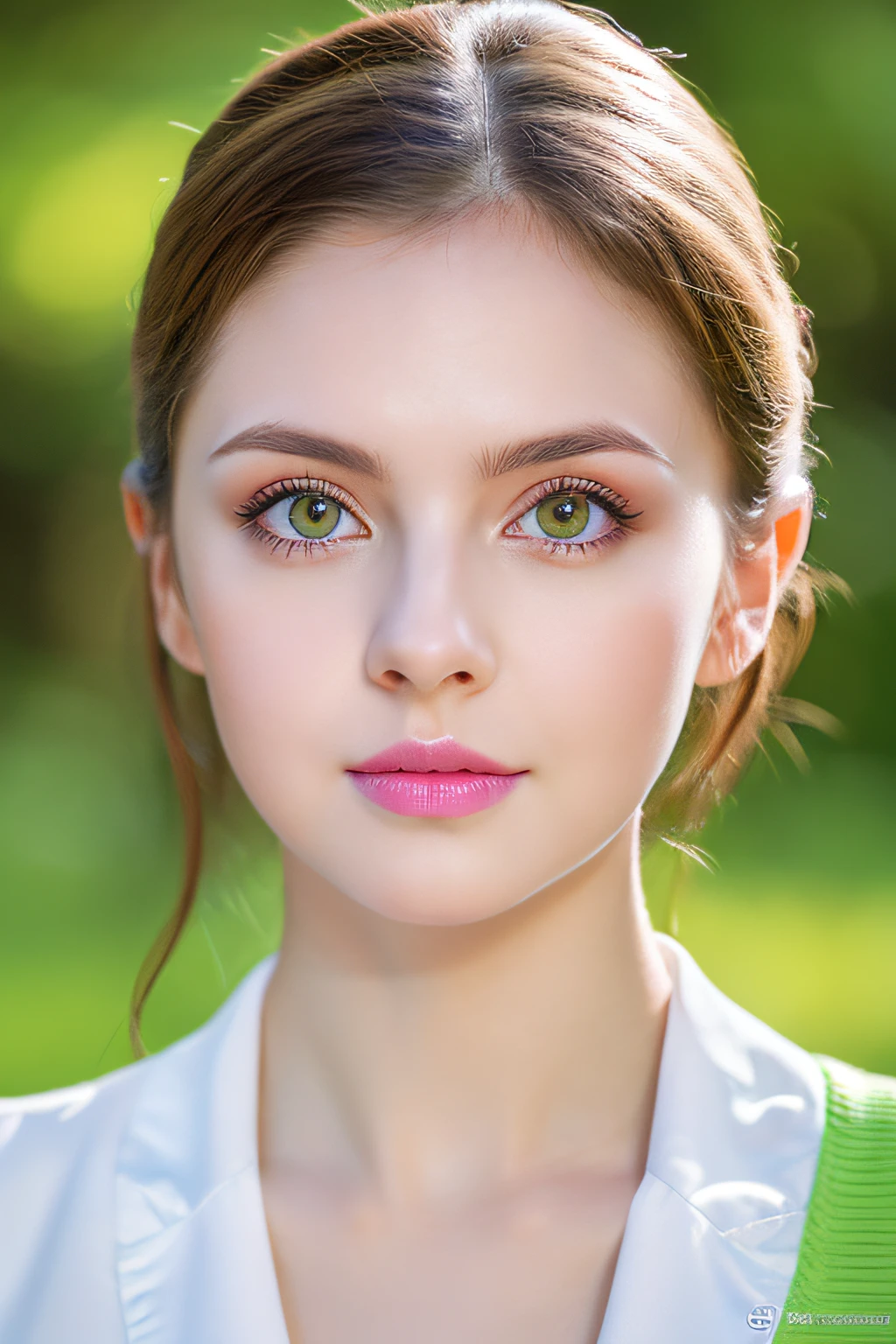 Photos of Ukrainian women. Fits the face. 25 years old, sharp chin, Raw photo, masutepiece, extremely detailed photo, Digital SLR, Photorealistic 3.9, Ultra High Resolution, of the highest quality, Pink lips, Perfect makeup, Big, Bright green eyes, white