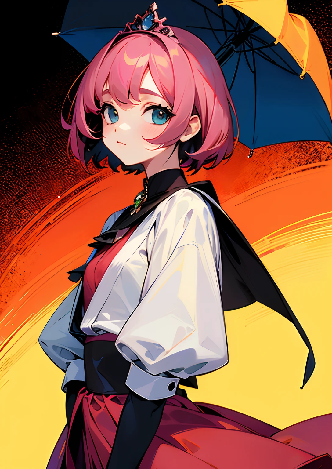((master part,best quality))1girl, sozinho, Heterocromia,cabelo rosa,short hair, Caminhando sobre a chuva, colar,tiara coroa,orgulho, Noite, roupas de couro, Olhando para o Viewer, Rosto detalhado