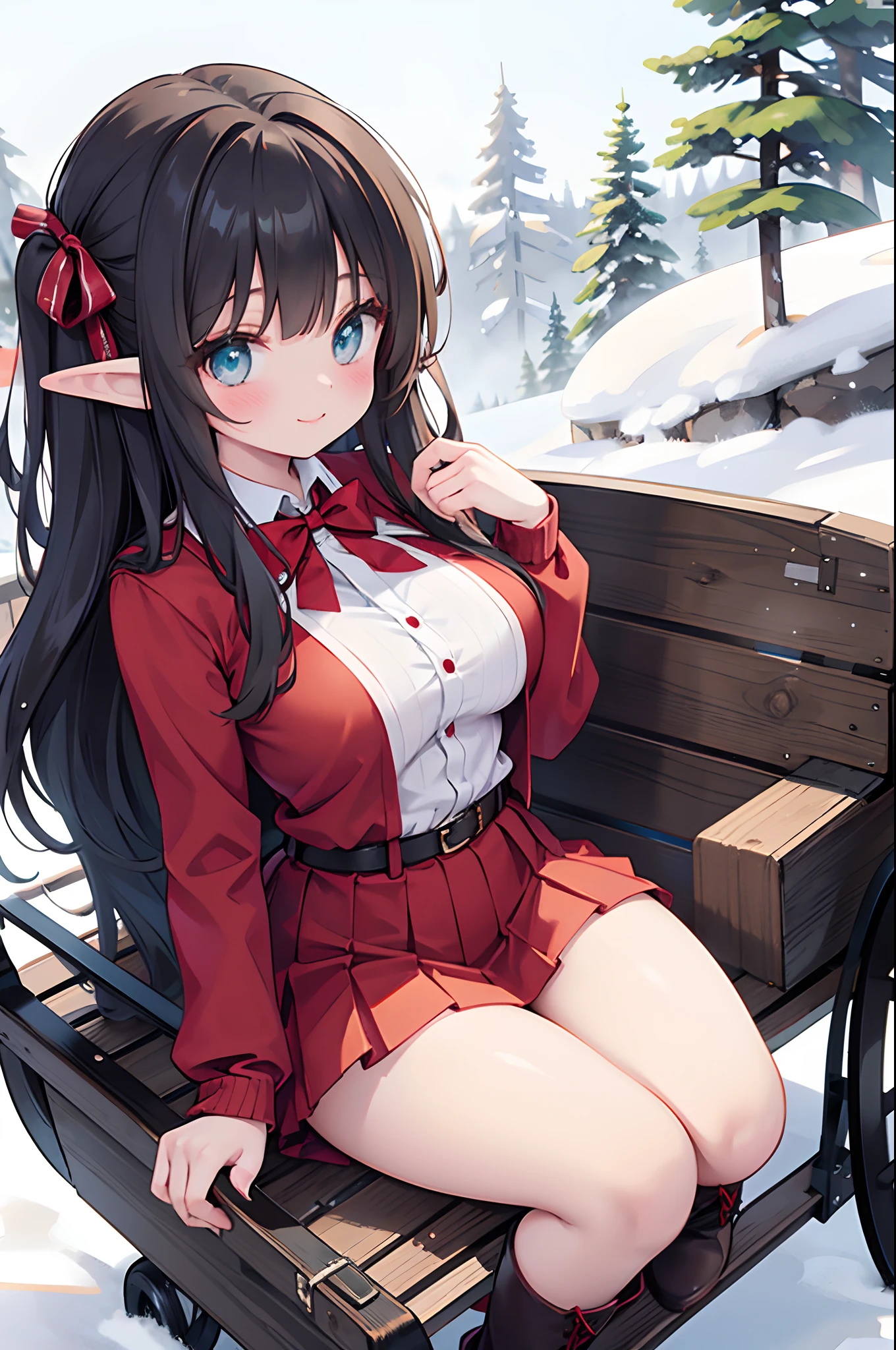 Realistic and detailed image of an elf. She is wearing a Cardigan coat and a red Christmas t-shirt. Christmas pleated mini skirt. Christmas thigh-high boots. Long silky black hair and long eyelashes. Turquoise eyes. Red bow tie. Large breasts, slim waist, very wide hips and thick thighs. Smiling. Arched back. Sensually posing on a sled. Snowy day. North Pole. Front view. Volumetric light. Ambient light.