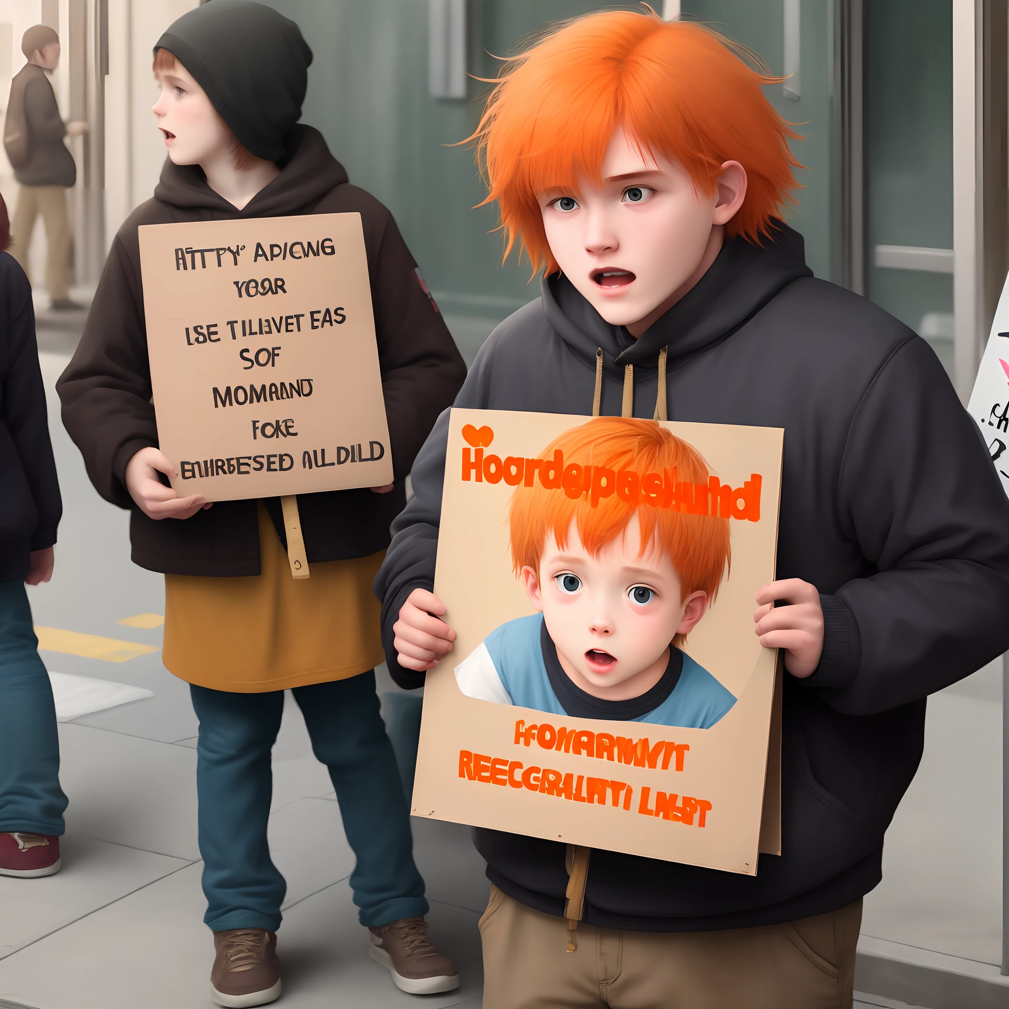 Ugly homeless girl with orange hair holding sign that says i called an autistic retarded and harvard denied me
