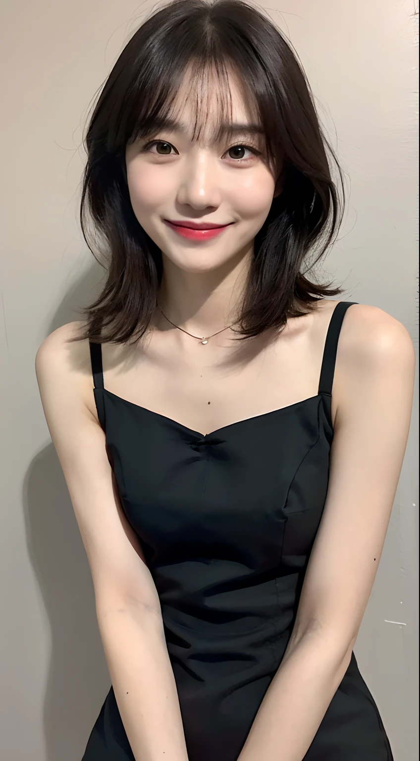 (ロイヤルシスタースタイルの韓国スター1人)、((top-quality、8K、masterpiece:1.3))、(slenderbody:1.3)、Focus:1.2、Perfect Body Beauty:1.4、(A smile)、(Street:1.3)、Highly detailed facial and skin texture、Narrow-eyed、二重まぶた、Whitening skin、(shorth hair、Air bangs:1.3)、(Round face:1.5)、(little black dress:1.4)、Concrete background