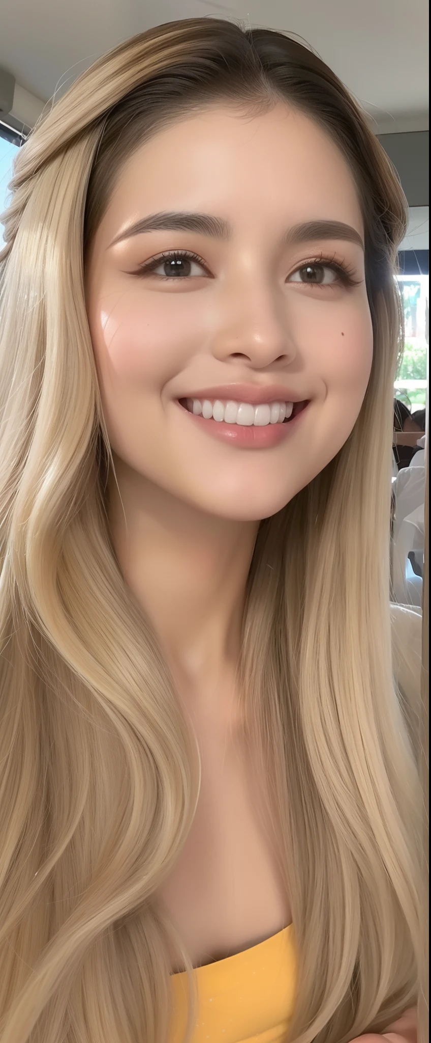 ((qualidade superior、em 8K、obra prima:1.3、超A high resolution))、(Clear focus:1.4)、Uma dama japonesa、pequeno bonito、Two individuals、Esbian de corpo inteiro、(desleixado:1.3)、((Detailed hairs、cabelos castanhos escuros))、Longas, Ondas soltas、(Tecidos detalhados、Roupas casuais chiques:1.5)、Cara super fina、Um rosto detalhado、pele natural、bochechas avermelhadas、usando maquiagem、sweating、Pele Lustrosa、Pele brilhante、Pele sombreada、Um olhar detalhado、Olhos estreitos、Olhos Hidratados、Double eyelidm、Detailed lips、Ruddy lips、Rindo、(Seios colossais:1.1)、looking in camera、quebrar、(Bares na cobertura da moda:1.6)、natural lighting