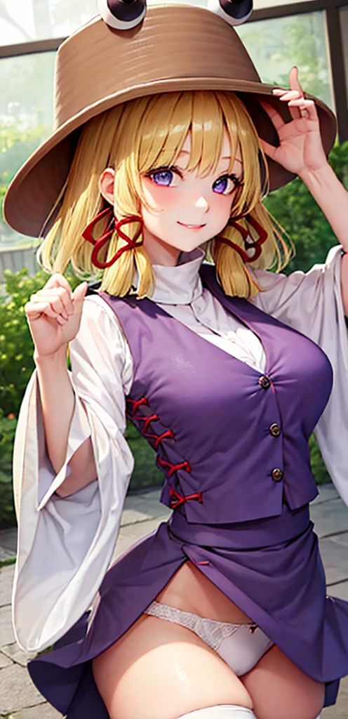 best quality, masterpiece, highres, solo, {moriya_suwako_touhou:1.15}, blonde_hair, hat, ribbon, hair_ribbon, vest, smile, yellow_eyes, bangs, red_ribbon, brown_headwear, purple_vest, sidelocks, short_hair, 1girl, looking_at_viewer, wide_sleeves, giant breasts, cleavage, white panties