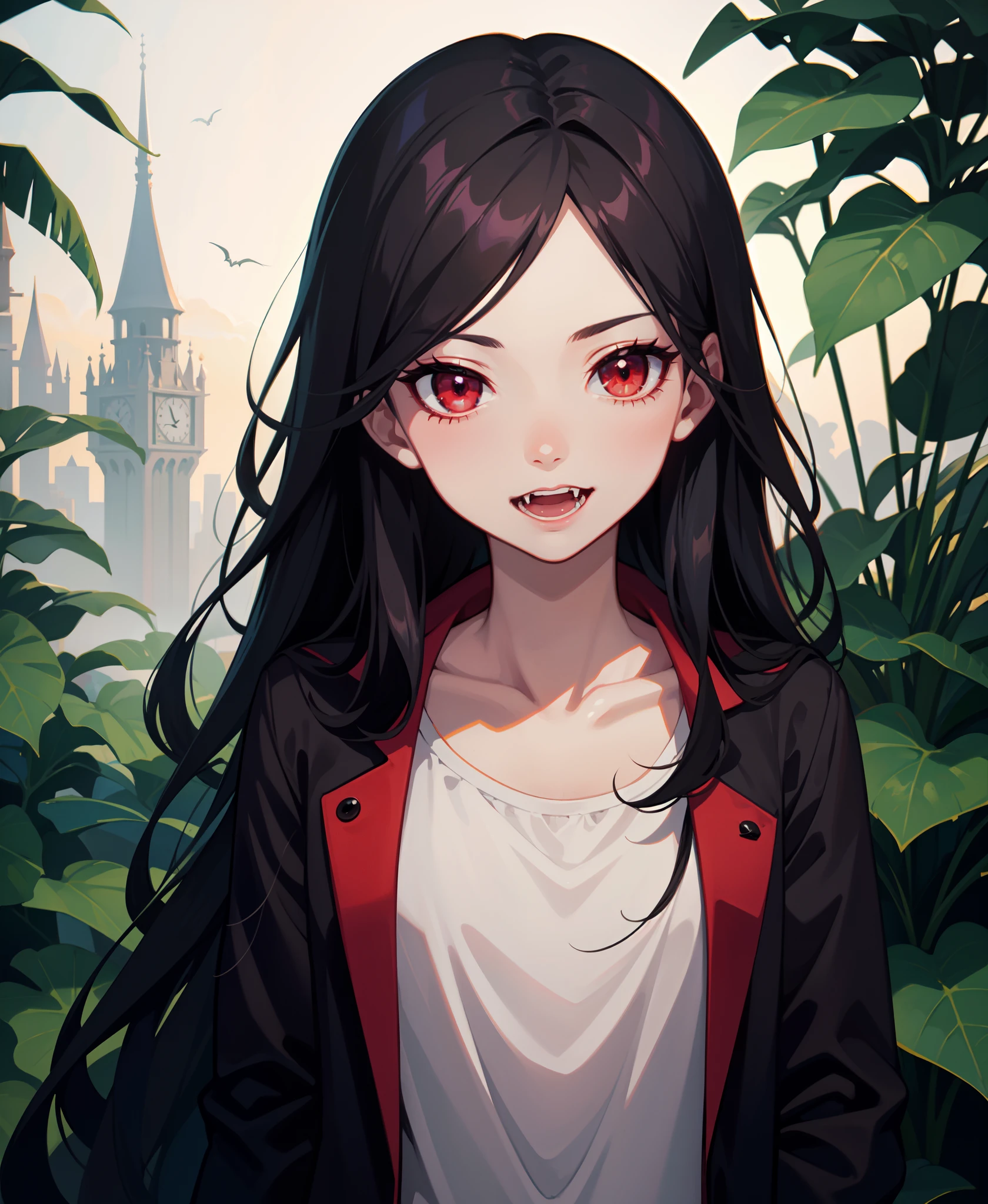 beautiful, masterpiece, best quality, 1girl, 
marceline abadeer, black hair, clothed, clothing, fangs, grey body, grey skin, hair, long hair, looking at viewer, plant, solo, teeth, vampire, adventure time, a-