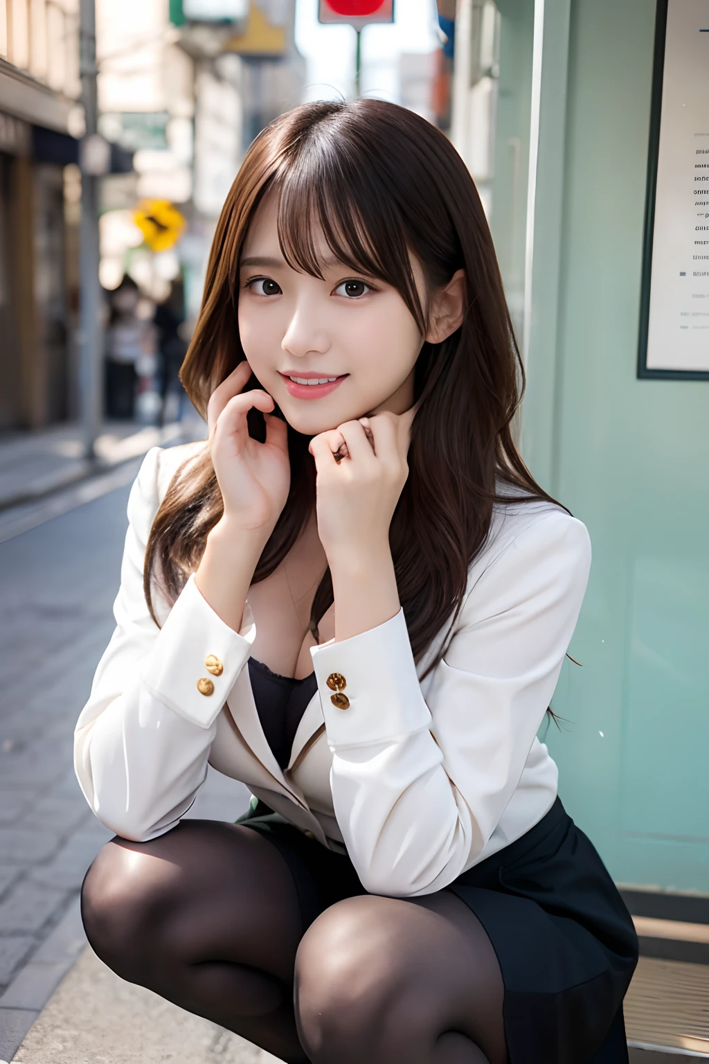 1girl in, Solo, pantyhose, Brown hair, Squatting, Brown eyes, Skirt, Looking at Viewer, pencil skirts, OL, Jacket, Indoors, Long hair, Shirt, Bangs, Black jacket, blush, White shirt, Black skirt, hair between eye, Long sleeves, hands on own face, Parted lips, tiny chest, Brown pantyhose, Suit, Large breasts, cleavage, Formal, Smile, Black pantyhose, Open mouth, hands on own cheeks, a beauty girl ,in 8K, 超A high resolution,Raw photo, (masutepiece:1.2), (Best Quality:1.2), Realistic, Photorealsitic, Sharp Focus,Professional、乃木坂アイドル、韓国アイドル、hposing Gravure Idol、女優、25-years old、tall, Glamour、flank、