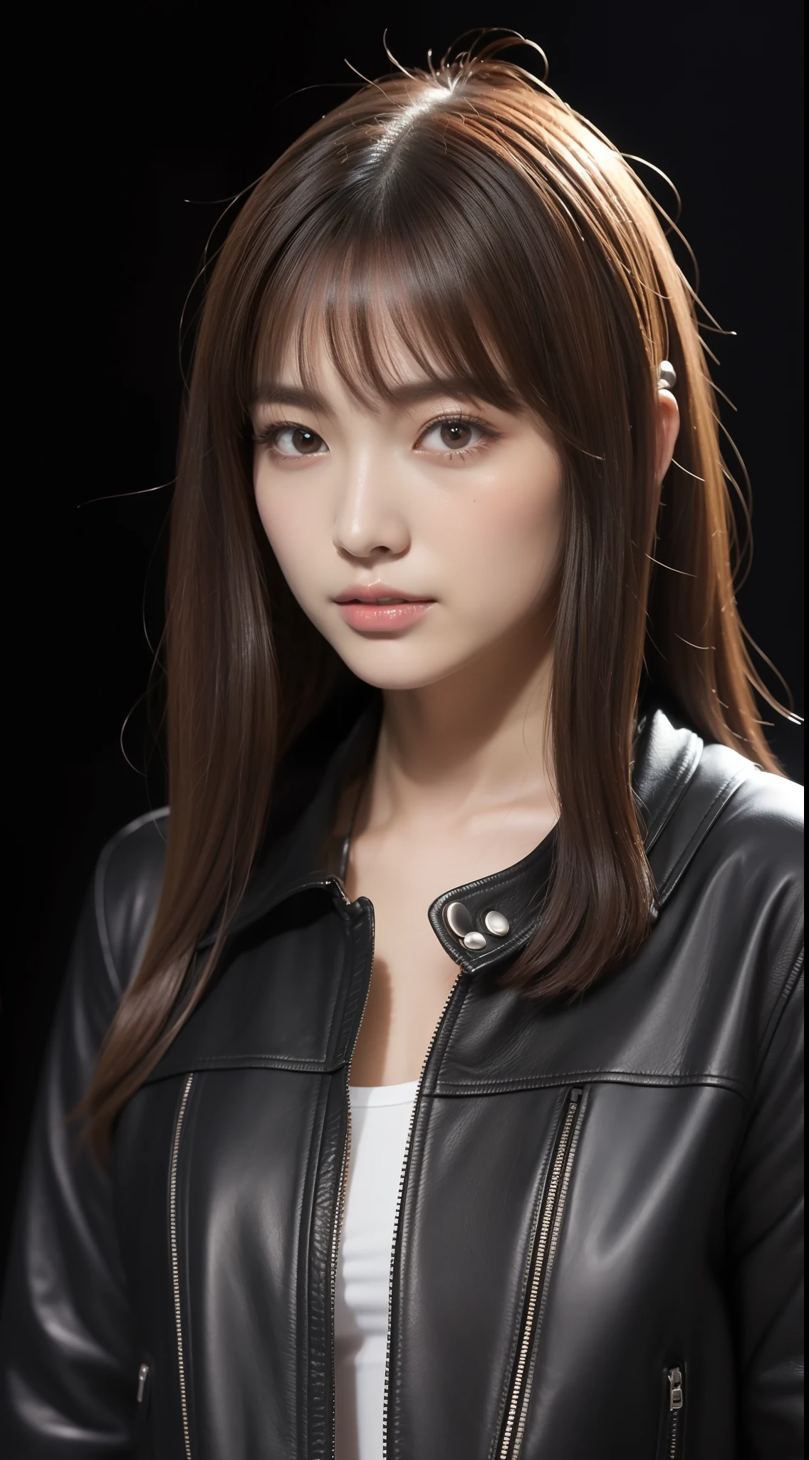 ulzzang -6500-v1.1,(Original photo:1.2),(Realistic:1.4),Beautiful detailed girl,Very detailed eyes and face,Beautiful detail eyes,Ridiculous,Incredibly ridiculous,High resolution,Very detailed,Best Quality,masutepiece,Illustration,Very detailed,nffsw,unified,8K Wallpaper,amazing,Fine detail,masutepiece,Best Quality,Face Light,movie lights,1人の女性,age19,((Dynamic Pose))),((Sexy Pose))),(leather jackets),(Leather miniskirt),(Monotone background:1.4),Upper body,Model body type、Slimed、A slender、small tits、Very small breasts、Gentle smile、Light brown hair、highlights hair