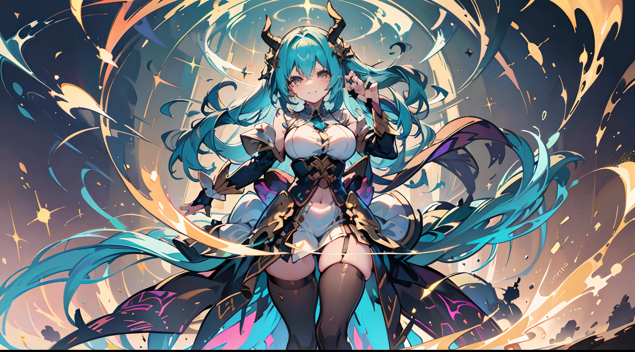 masterpiece,highly detailed,best quaility,illustration,girl,solo,double dark golden dragon horns,bishoujo,detailed lightcyan hair,detailed dark golden eyes,points of light,scattered lightcyan fire,coiled dragon,full body,floating hair,too many scatter sparks,many extremely winding feathers,backlight,smile,(lightcyan dragon),(dragon girl),lightcyan,(cowboy_shot)