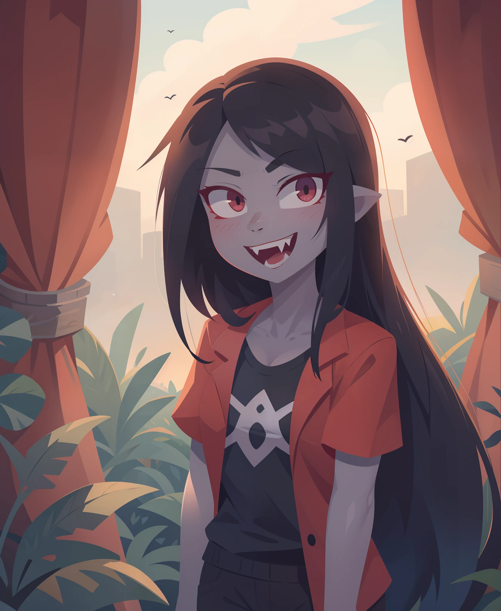 marceline, 1girl, fangs, solo, vampire, long hair, fangs out, solid circle eyes,tank top,  bite mark, black eyes,  black hair,floating, very long hair, grey skin, pants, smile,outdoors, night, night sky, score_9, score_8_up, score_7_up, score_6_up, score_5_up, score_4_up, looking at viewer, hand on own hip, cowboy shot,tree, forest, <lora:MarcelinePony1.0:1>