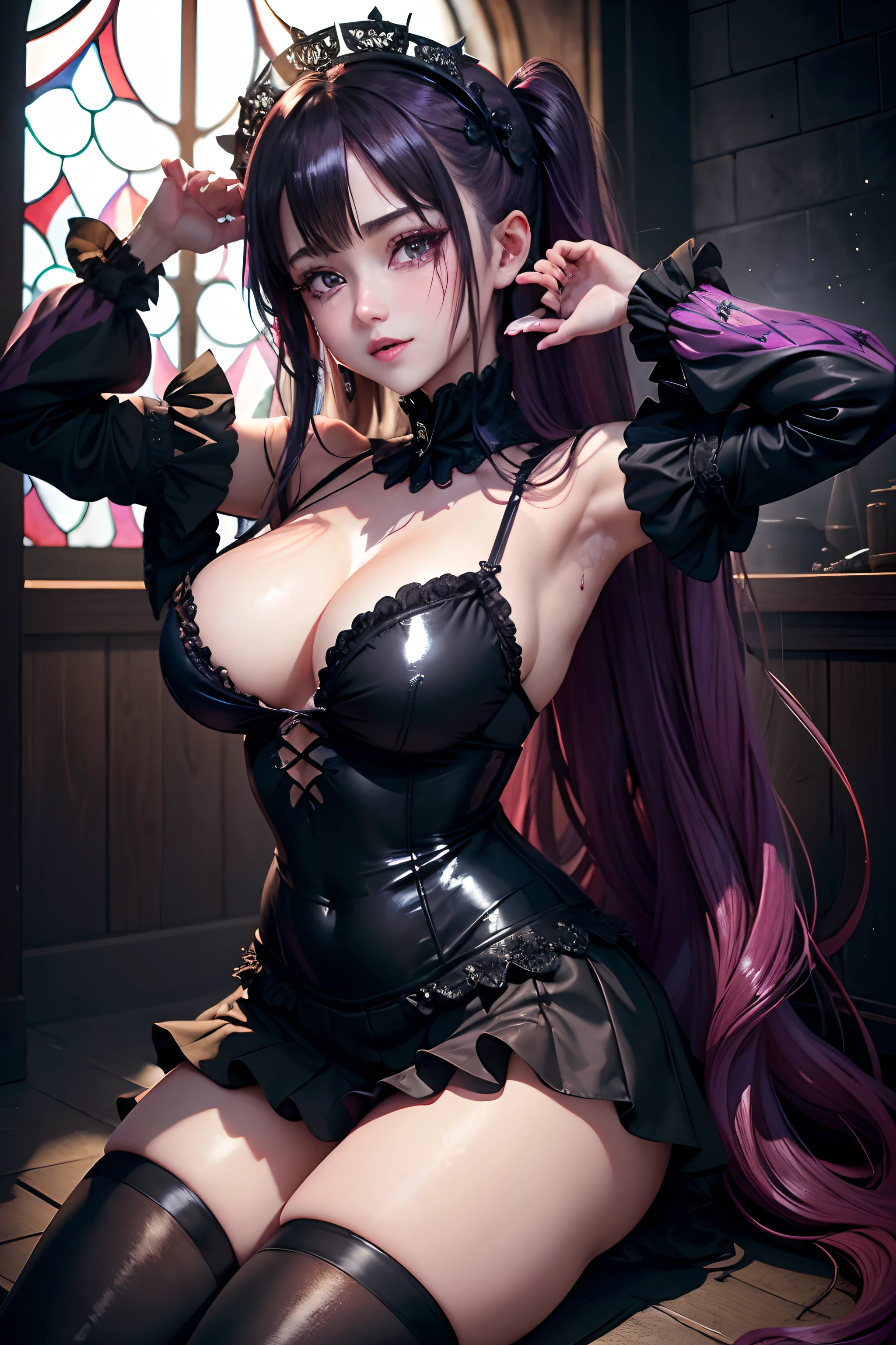 Hard Dark Gothic Makeup、Maniacal、Deep night sky、horor、Black Dark Eyeshadow、crying how bright、mourn、Good skin luster、Long hair straight hair、Dark Gothic Makeup、Dark smile、Restless Palace、Expressions of sexual arousal、Fragrant beauty、22year old、Lying、seductiv、Strong sexual pleasure facial expressions、A look of shame、Dark Gothic、Gothic ta、bell sleeves、Wizard Sleeve、Obscene look、Stained glass background、masutepiece、Best Quality、Refers to 5 books、Sweat glitters on my chest、Expression of sexual pleasure in anguish、Drunken face、maid clothes、Mysterious、noble、Face holding back the toilet、Flirty gothic lolithes、the body is wet and shiny、Transcendent sex appeal、sloppily open your legs、Glitter on thighs、I'm sweating a lot、Breast Size Medium、Affectionate smile、twin-tail hair、bright pink hair、The thighs are quite wet、Jet black ruffled mini skirt、Glamour、
