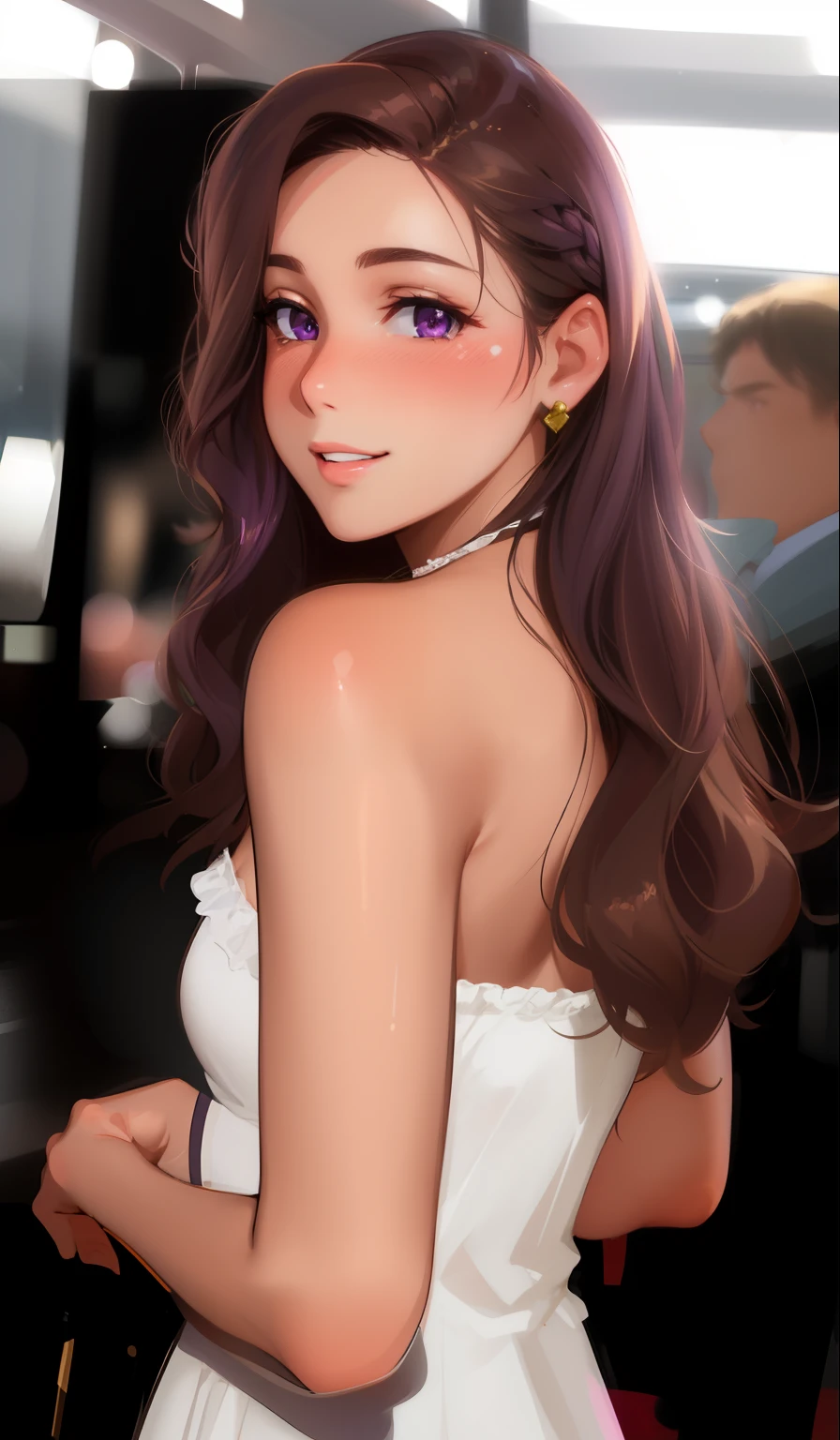best quality, photorealistic, 8k, high res, 1girl, (professional lighting, bokeh), (long brown hair), (purple eyes), wavy hair, (portrait), gorgeous, bloom, (floating hair), smile, blushing