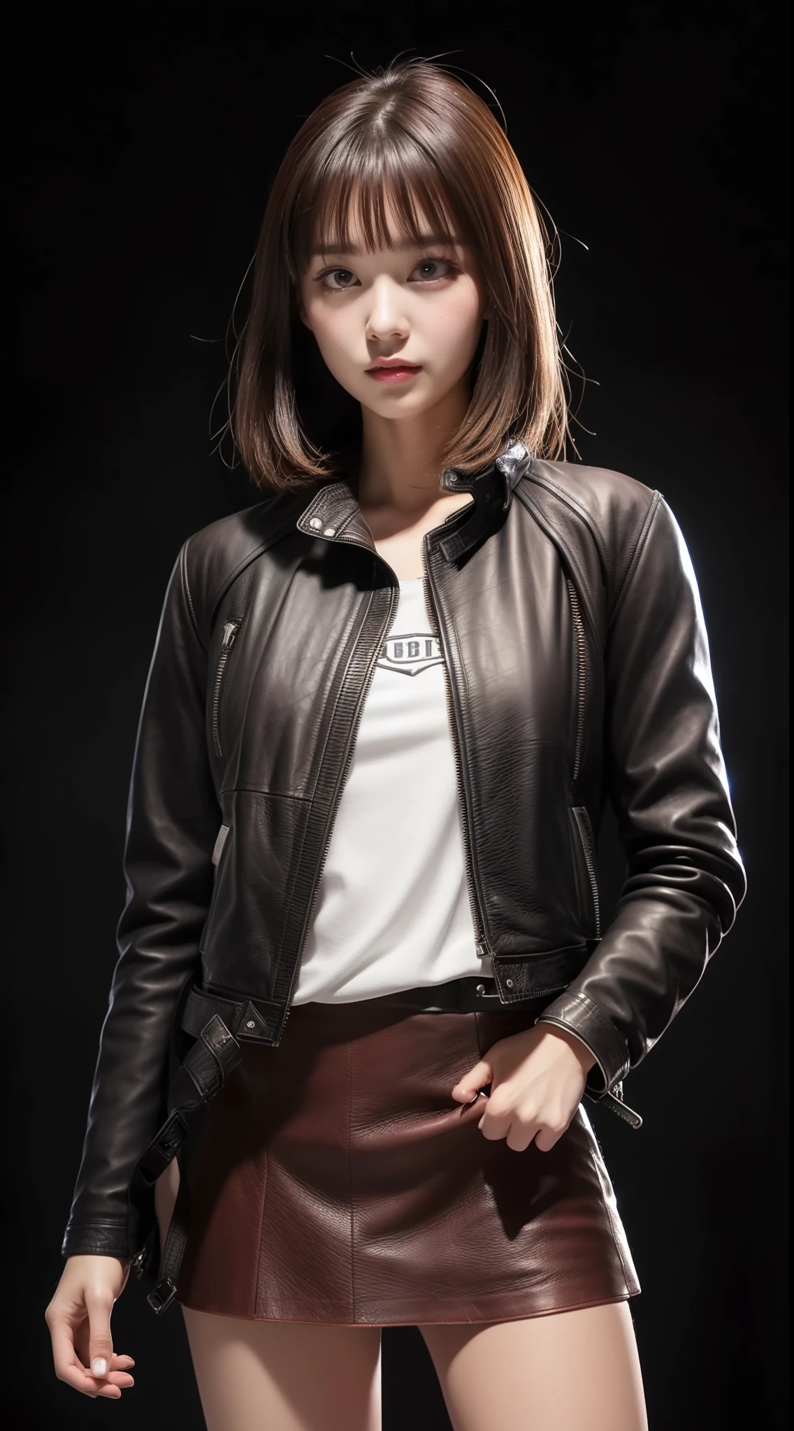 ulzzang -6500-v1.1,(Original photo:1.2),(Realistic:1.4),Beautiful detailed girl,Very detailed eyes and face,Beautiful detail eyes,Ridiculous,Incredibly ridiculous,High resolution,Very detailed,Best Quality,masutepiece,Illustration,Very detailed,nffsw,unified,8K Wallpaper,amazing,Fine detail,masutepiece,Best Quality,Face Light,movie lights,1 girl,19,((Dynamic Pose))),((Sexy Pose))),(Leather_Jacket_with_ornamented:1.5),(Mini size in leather_Skirt:1.4),(Nightlife backgrounds:1.4),Upper body,Model body type、Slimed、A slender、small tits、Very small breasts