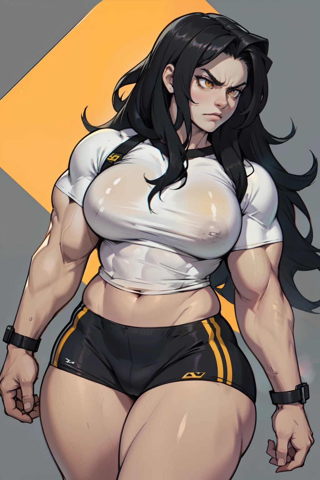 ((1girl)) pale skin large breasts (muscular) toned body thick thighs black hair yellow eyes (long hair grey background) bodybuilder angry tight shirt