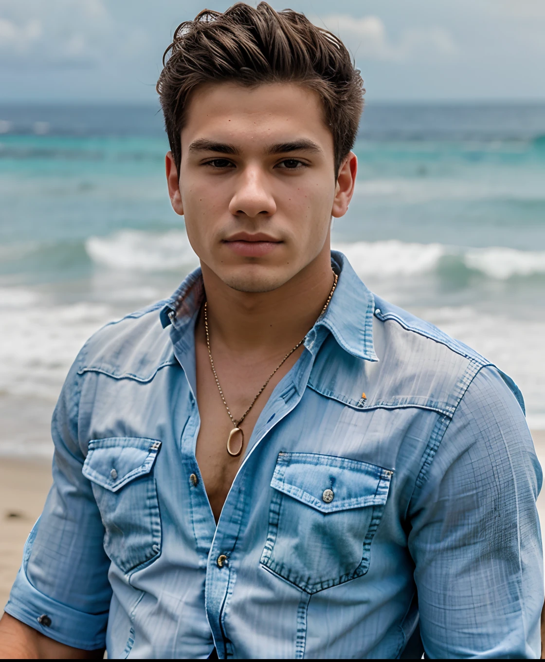 close-up: jovem atraente, de pele escura, 18-year-old man with a muscular build, sem camisa, Cabelos pretos molhados, rosto atraente, Athletic and attractive body, na praia