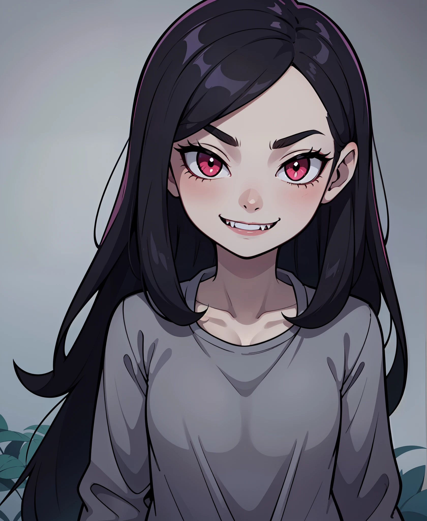 beautiful, masterpiece, best quality, 1girl, 
marceline abadeer, black hair, clothed, clothing, fangs, grey body, grey skin, hair, long hair, looking at viewer, plant, solo, teeth, vampire, adventure time, a-