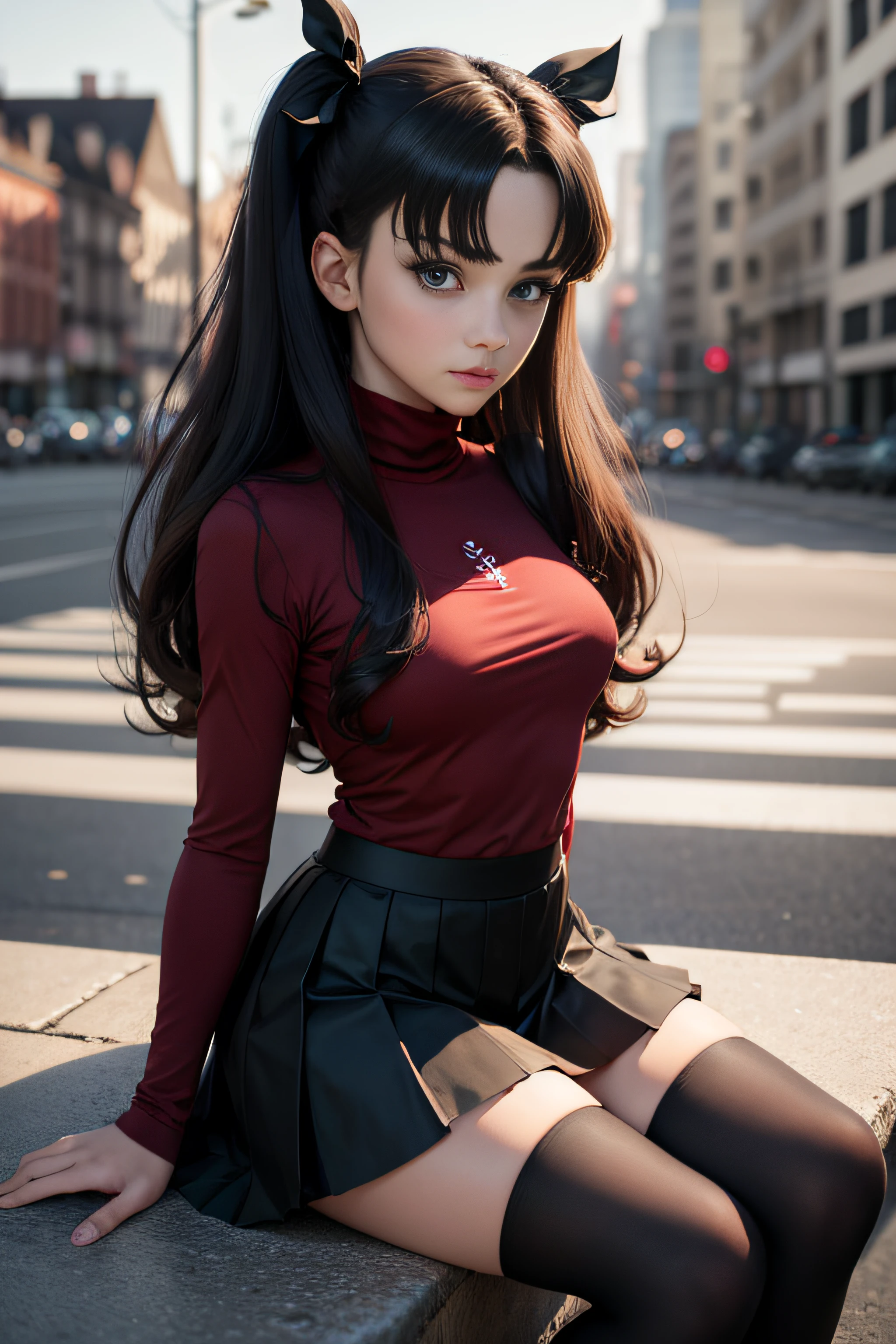 (masterpiece), best quality, expressive eyes, perfect face, 1girl, solo, rintohsaka, rin tohsaka, aqua eyes, black hair, hair ribbon, long hair, ribbon, sidelocks, two side up, black skirt, black thighhighs, long sleeves, miniskirt, pleated skirt, ((red sweater)), skirt, sweater, thighhighs, turtleneck, city background, sitting, character sheet, upper body, portrait, looking at viewer