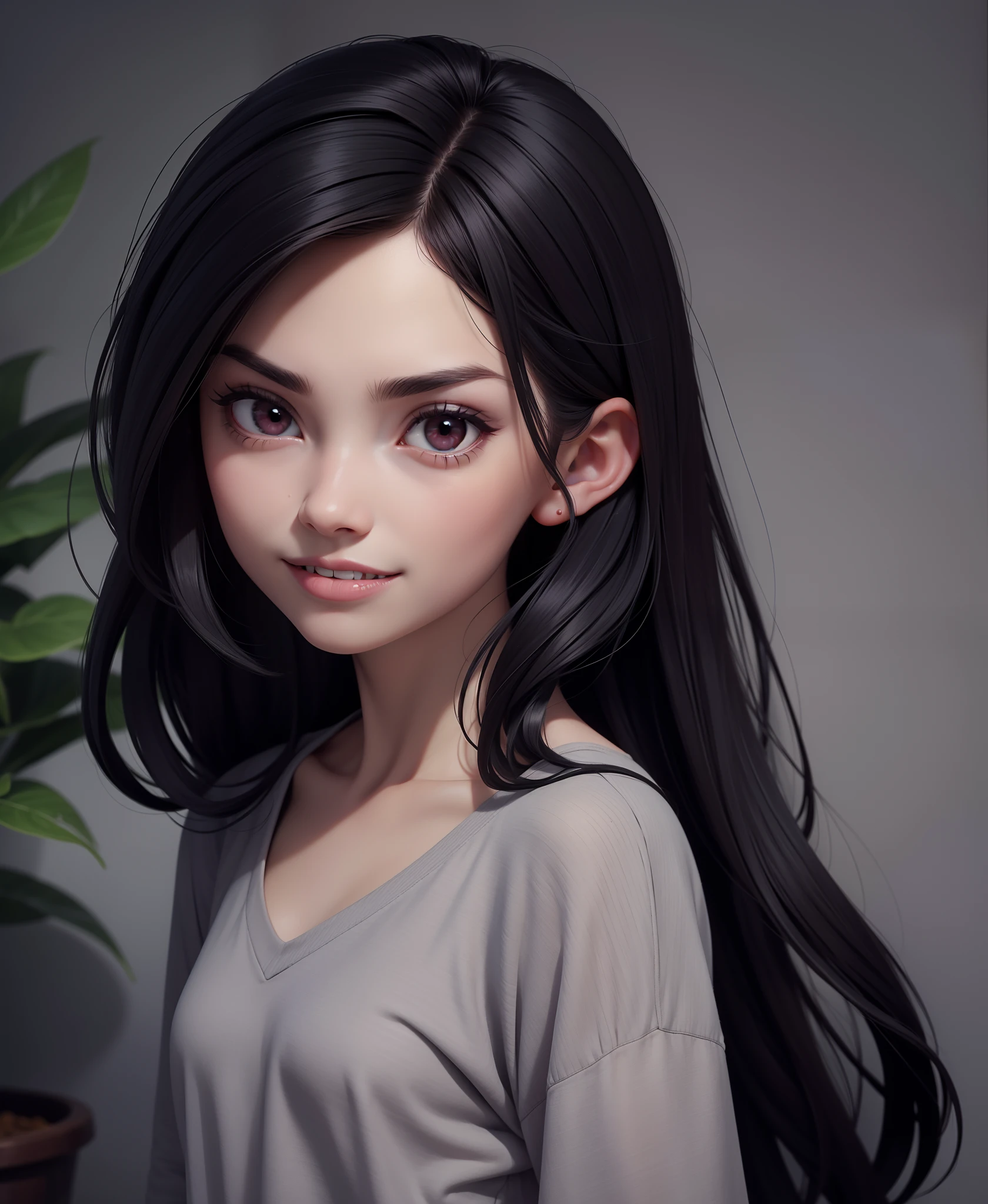 beautiful, masterpiece, best quality, 1girl,
marceline abadeer, black hair, clothed, clothing, fangs, grey body, grey skin, hair, long hair, looking at viewer, plant, solo, teeth, vampire, adventure time, a-