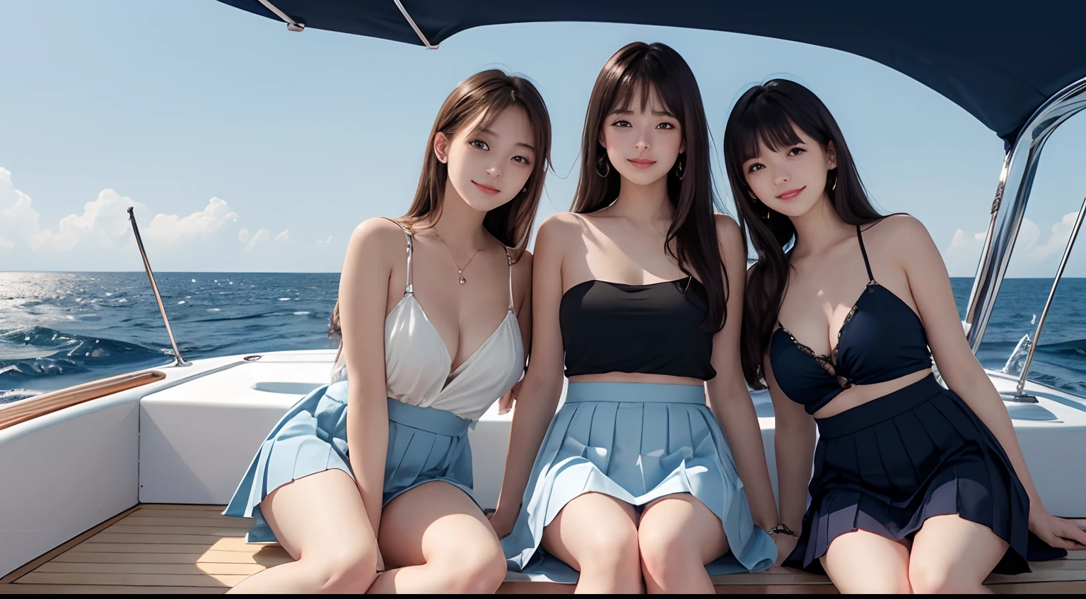 (three 18 year old female students from 3 countries: America, Japan, Italy), bright smiles, beautiful mouths, (bare shoulders), big breasts, blue eyes, pleated skirt, blonde hair, black hair, long brown hair, bangs, sitting on the bow of a luxury yacht at sea, clear blue sea (Best quality, Super detailed), (Heavenly starlight), (Wrapped in light), (Beautiful and mysterious),