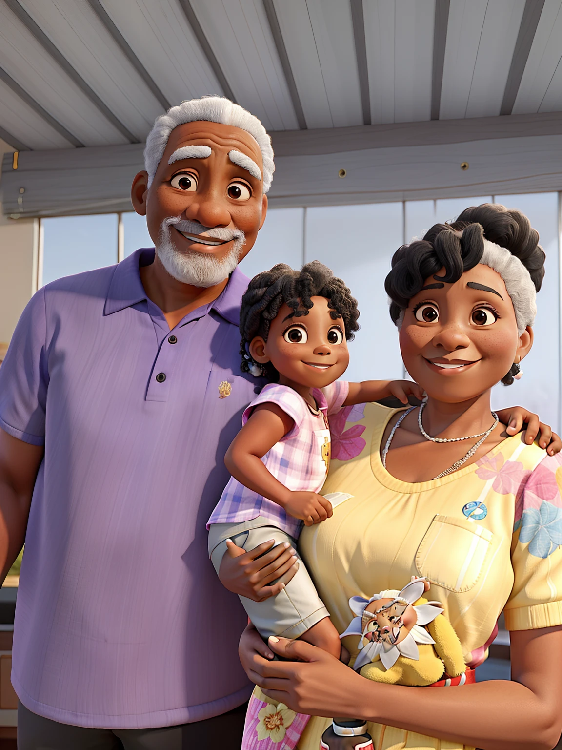Black grandparents with their granddaughter, sorrindo