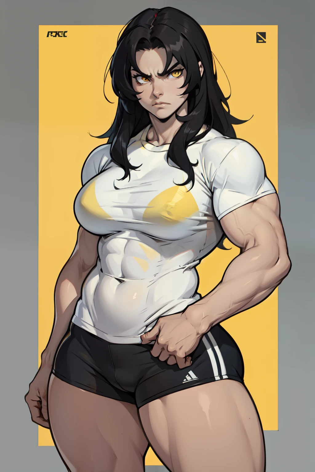 ((1girl)) pale skin large breasts (muscular) toned body thick thighs black hair yellow eyes (long hair grey background) bodybuilder angry tight shirt