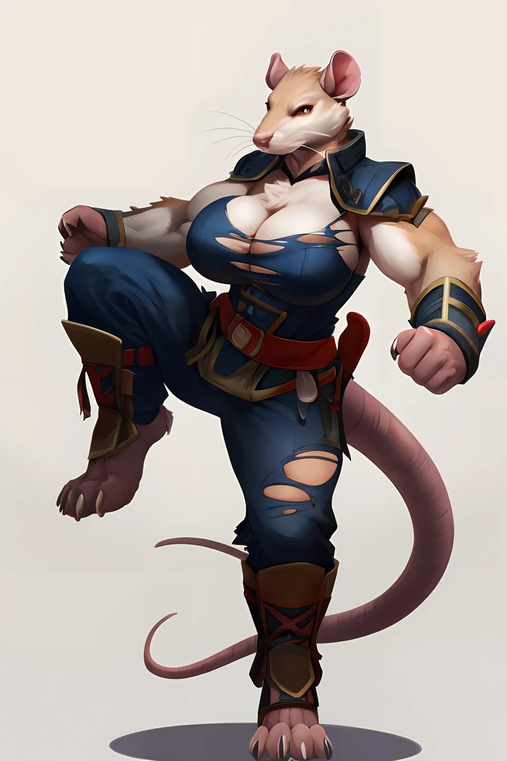 (Rat), anthro, large breasts, wearing tunic, wearing  cotton pants, cleavage, torn clothes, looking at viewer, standing, ((fighting pose)), ((full length portrait)), fullbody,  blank background, highly detailed, detailed, hi res, high resolution