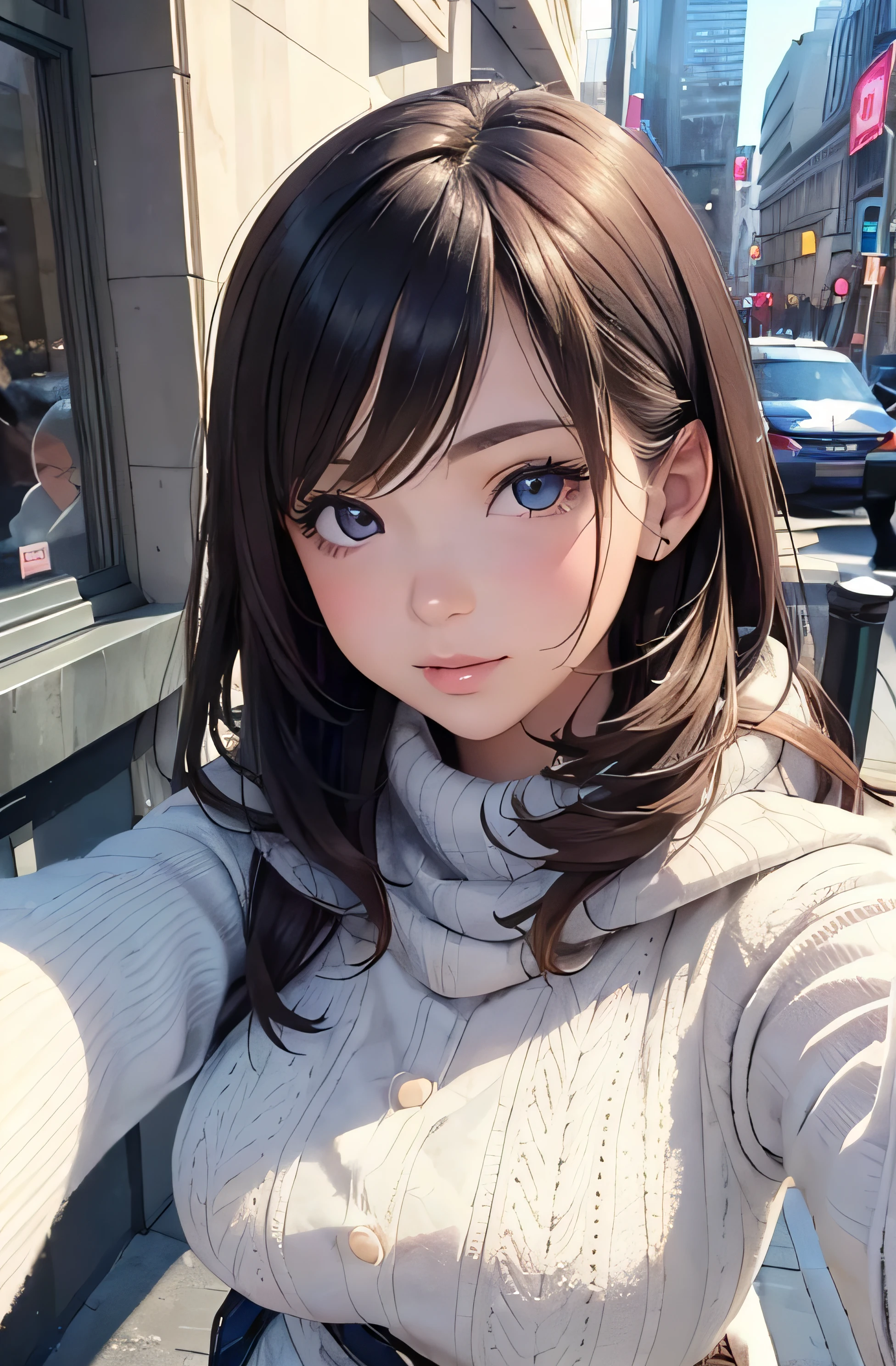 girl in winter clothes, top shot,((selfie)), random background, kiss, beautiful, medium breasts, flirtatious look, ((very detailed)), (perfectly detailed face), (well detailed hand), photorealistic image.