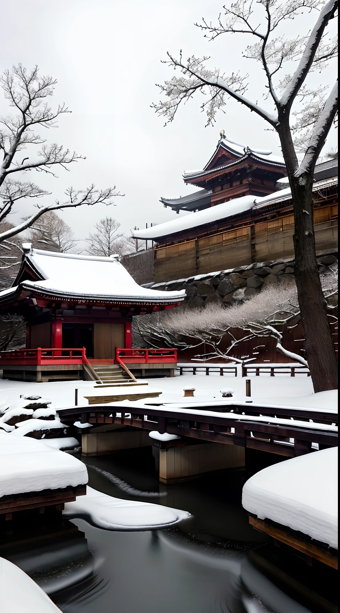 A winter landscape inspired by Japanese art, with a wooden temple covered in snow. The trees are bare, their branches covered in white snow. A small waterfall is frozen, creating a magical effect. The sky is overcast, creating an atmosphere of calm and serenity. On the shore of the lake, there is a small Zen temple, where people come to meditate and bask in the fire.