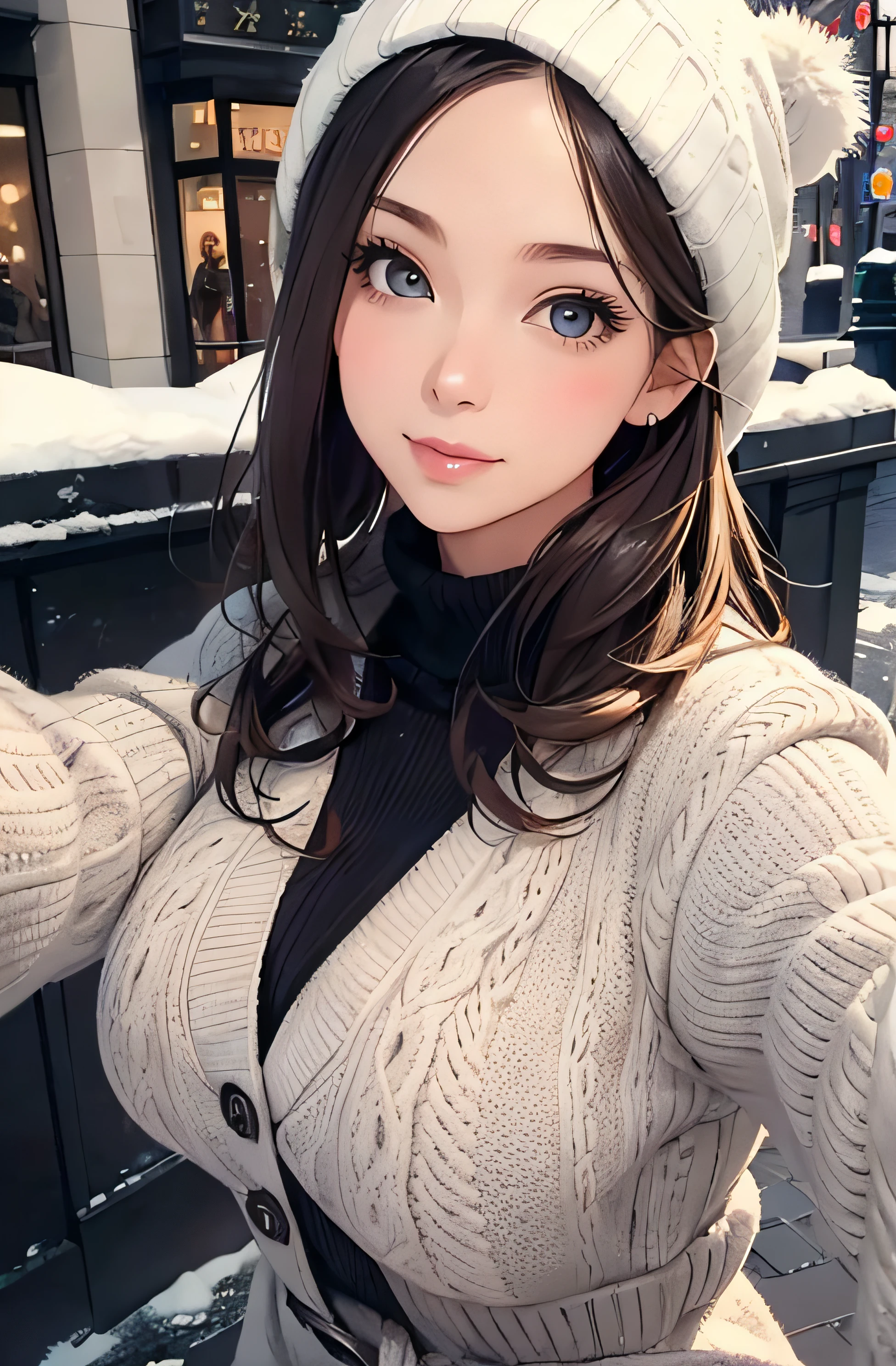 girl in winter clothes, top shot,((selfie)), random background, kiss, beautiful, medium breasts, flirtatious look, ((very detailed)), (perfectly detailed face), (well detailed hand), photorealistic image.