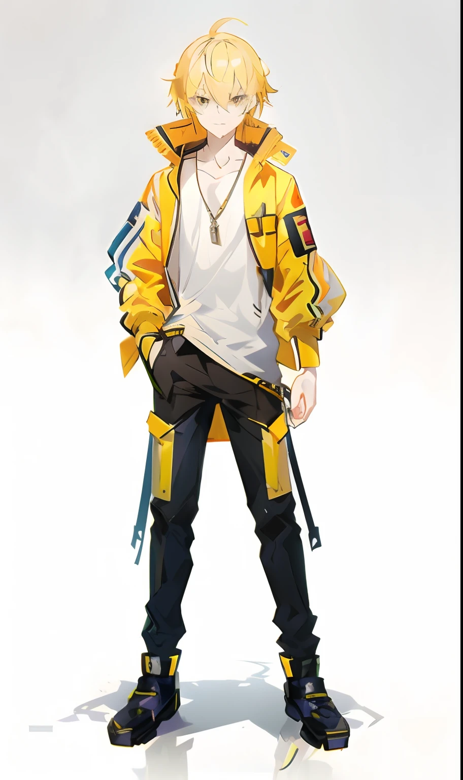 Anime - A stylistic image of a man in a yellow jacket and black pants, anime full body illustration, Full body illustration, full body character, Single character full body, anime style character, official character illustration, official character art, full body single character, ( ( concept art of character ) ), full body character portrait, detailed anime character art, character full body portrait, male anime character