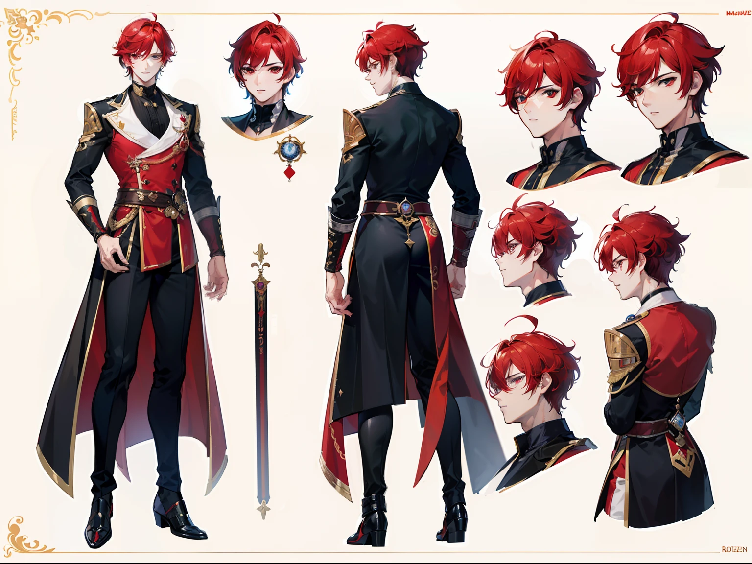 ((Masterpiece, Highest quality)), Male, boy, Detailed face, character design sheet, full bodyesbian, Full of details, frontal body view, back body view, Highly detailed, Depth, Many parts, Muscle boy with red hair and heterocromia,handsome man, magician outfit clothes, Genshin Impact, man tall