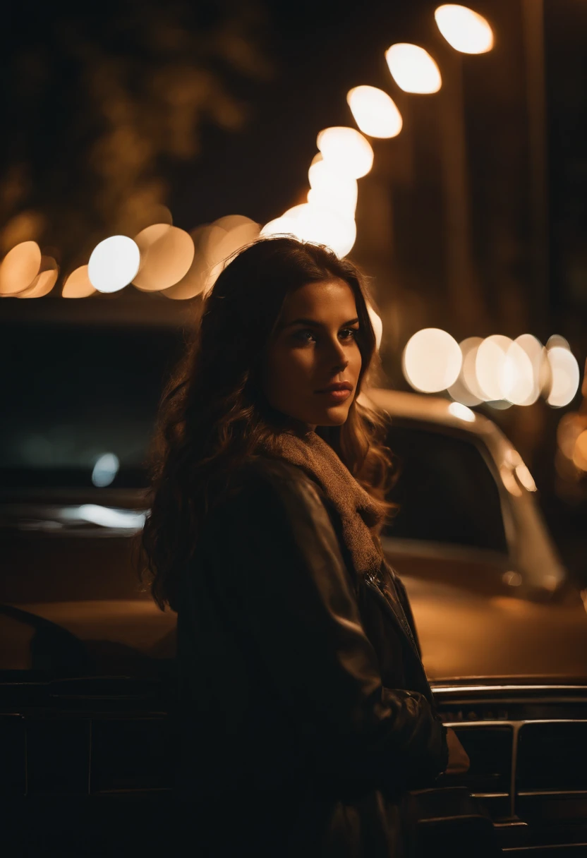 Girl sitting outside of a car at night