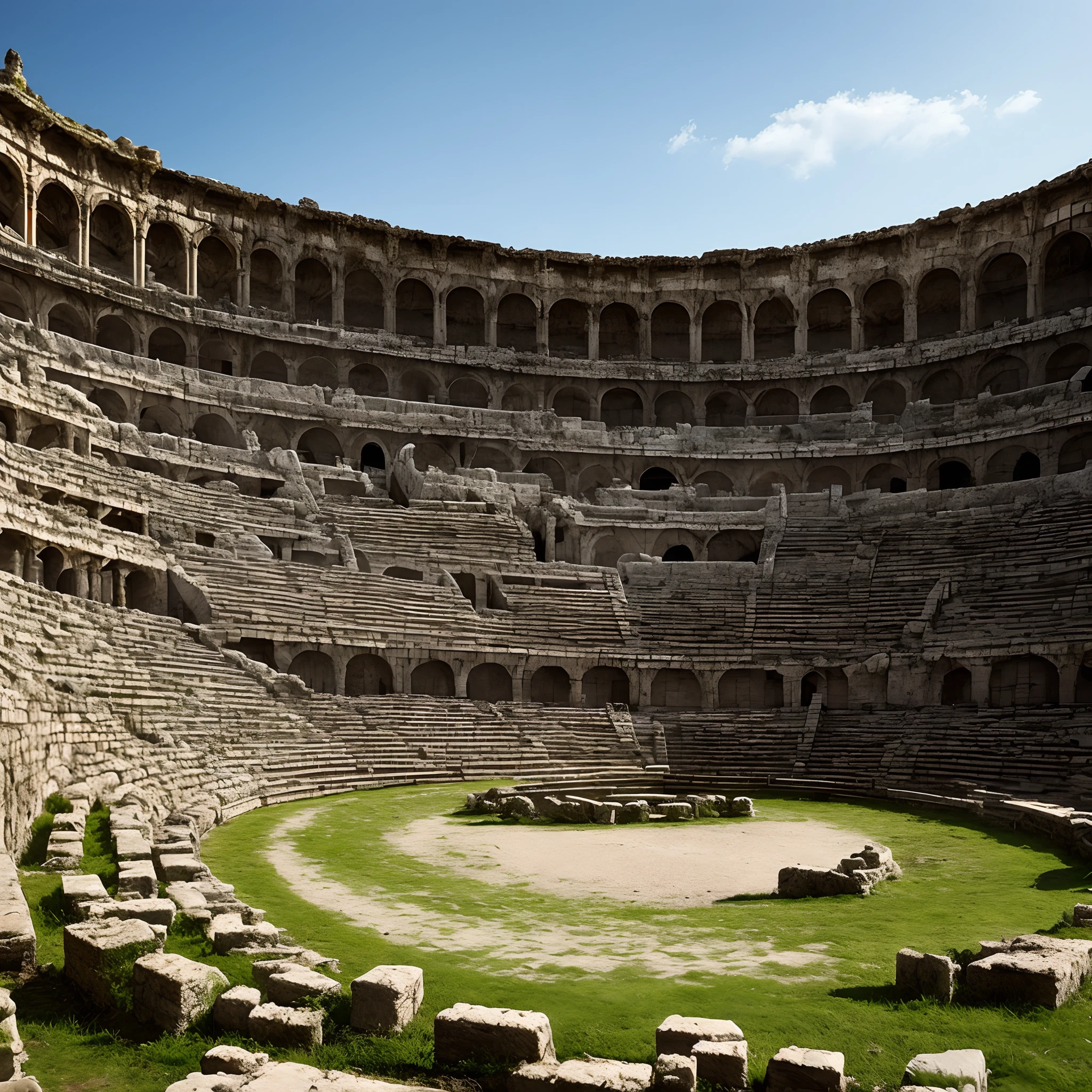 Dark, sinister, ruinous, realistic, demonic cult Roman amphitheater.