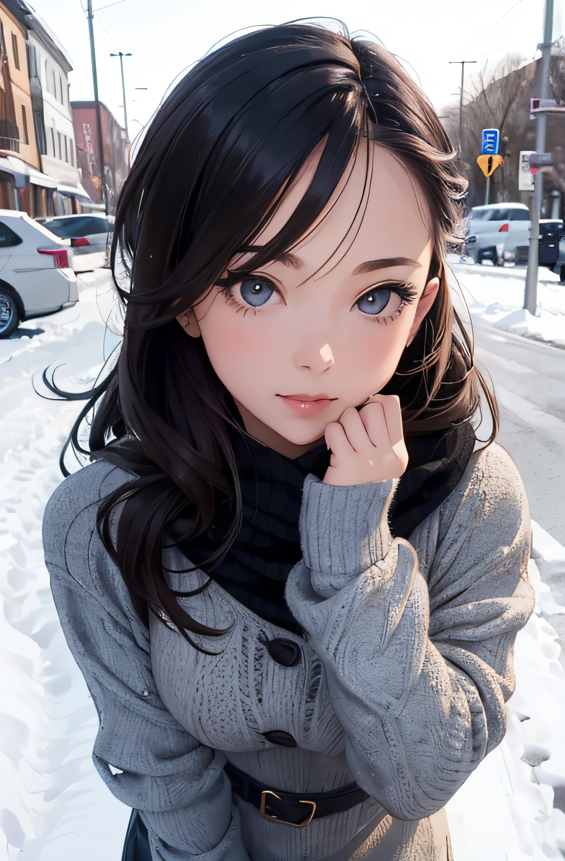 girl in winter clothes, top shot,((selfie)), random background, kiss, beautiful, medium breasts, flirtatious look, ((very detailed)), (perfectly detailed face), (well detailed hand), photorealistic image.